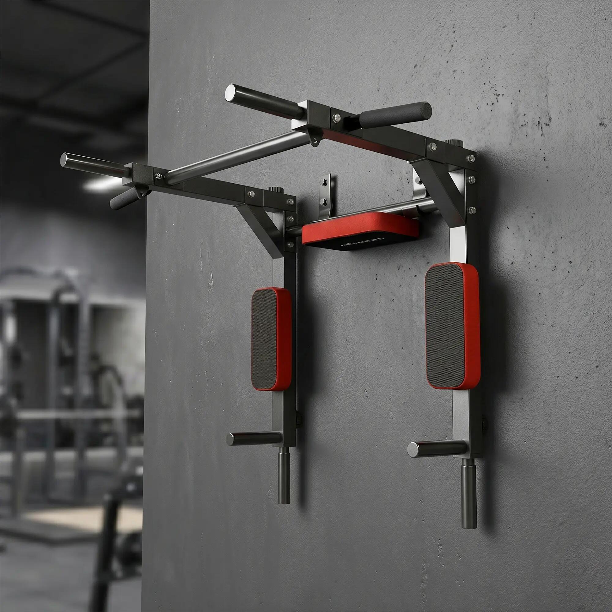 Barre de traction murale dip station 2 en 1 rouge noir 2/5