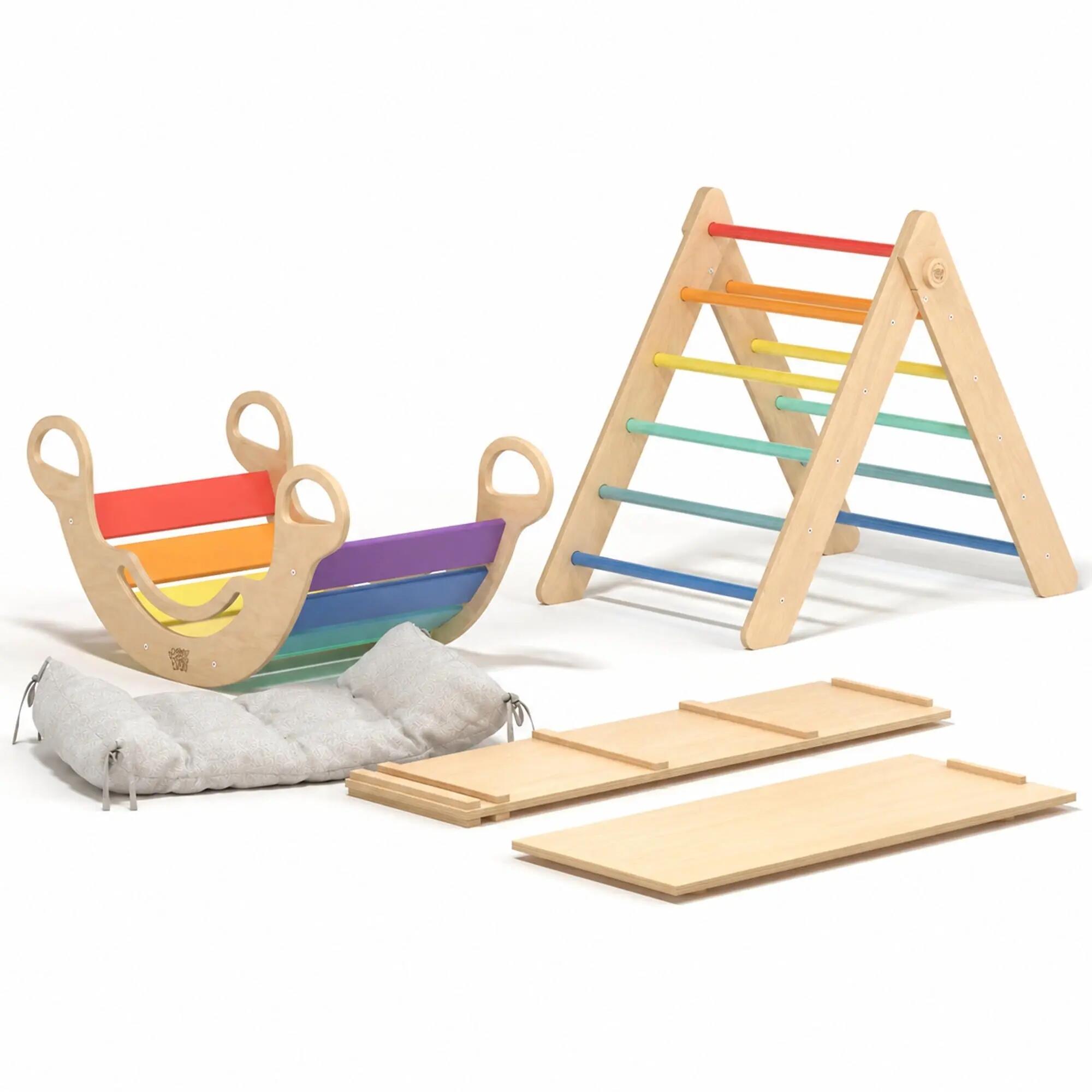 BUSY KIDS Velký Montessori set 5 v 1: pestrý Pikler i houpačka, 2 desky a polštář