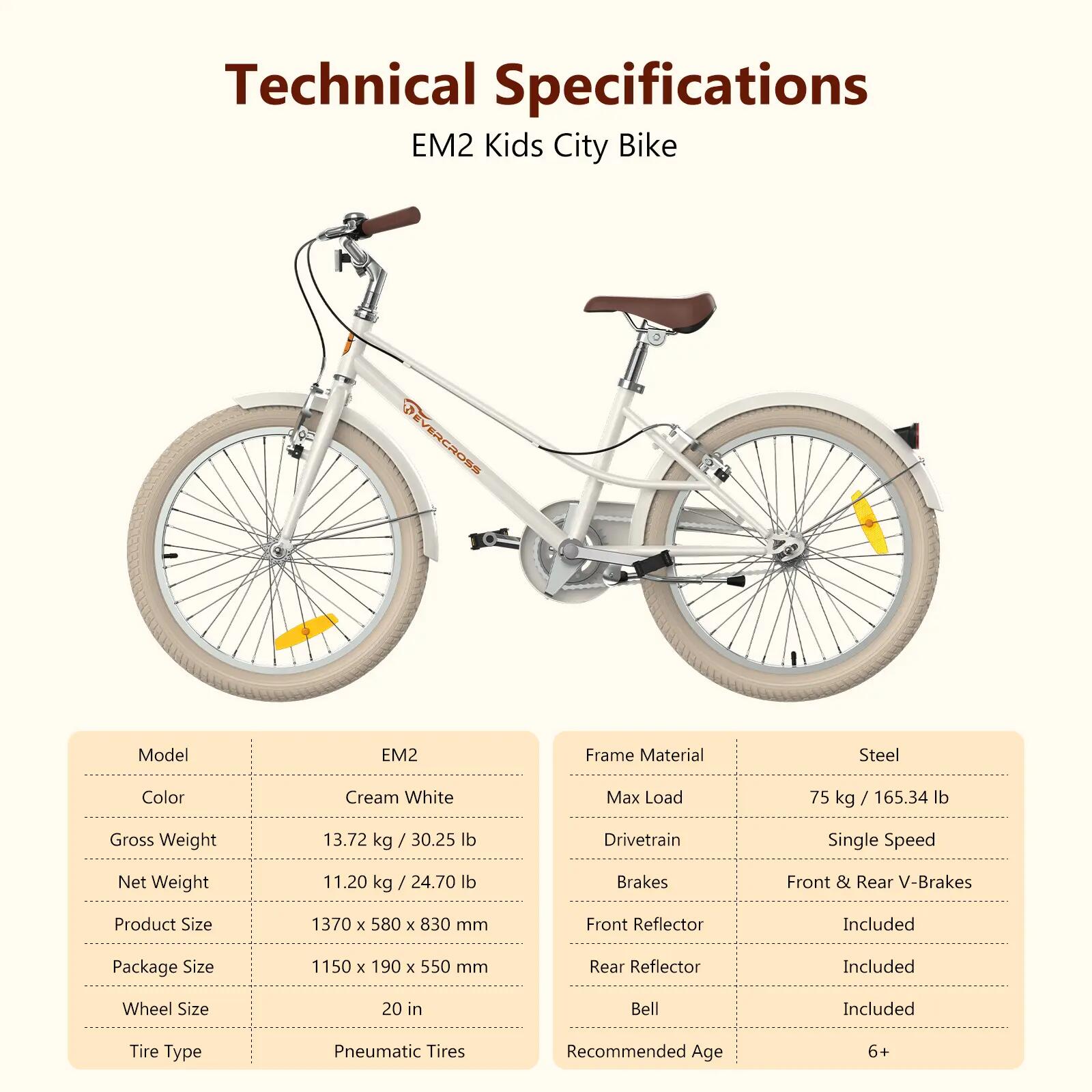 Kinderfiets EM2 20 inch stadsfiets 1 versnelling V-Brake remmen 8/12