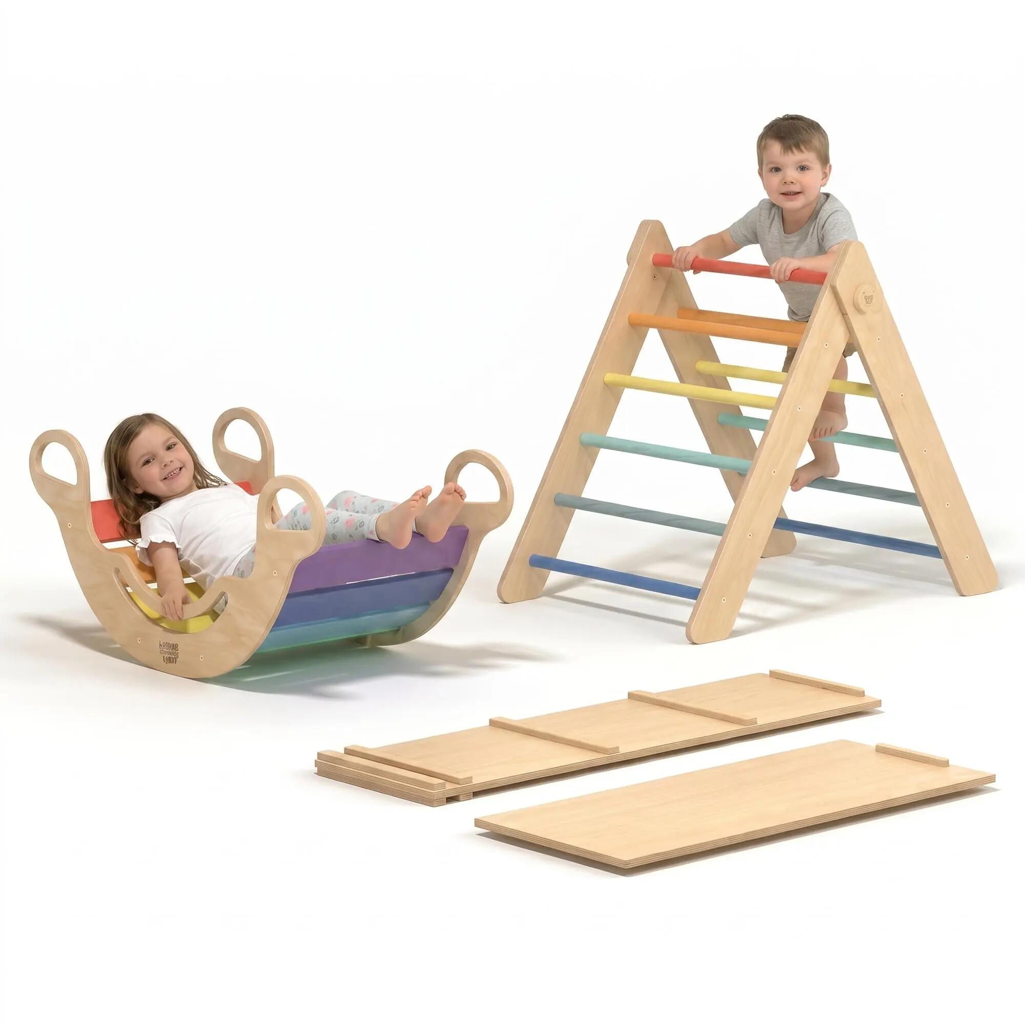 Velký Montessori set 4 v 1: pestrý Piklerův trojúhelník, houpačka a 2 desky 2/7