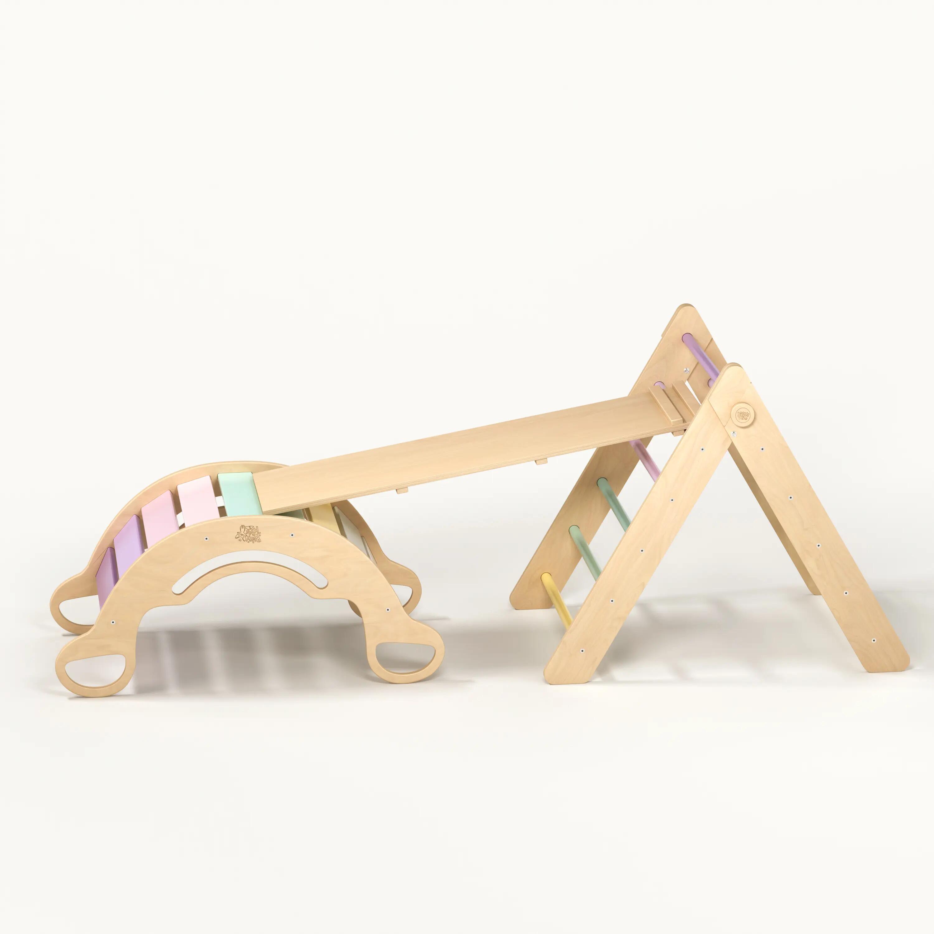 Montessori set 4 v 1: pastelový Pikler i houpačka, deska a měkký polštář 3/8