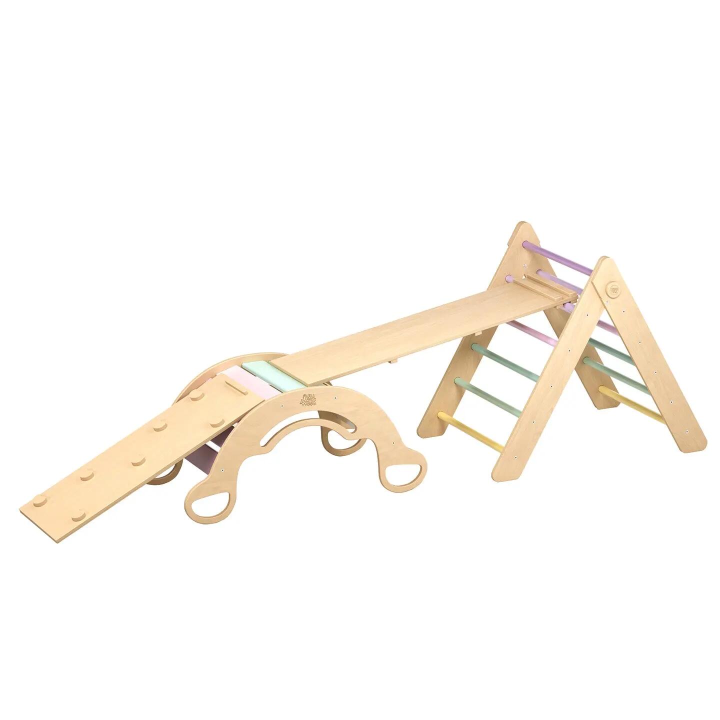 Velký Montessori set 4 v 1: pastelový Piklerův trojúhelník, houpačka a 2 desky 2/9