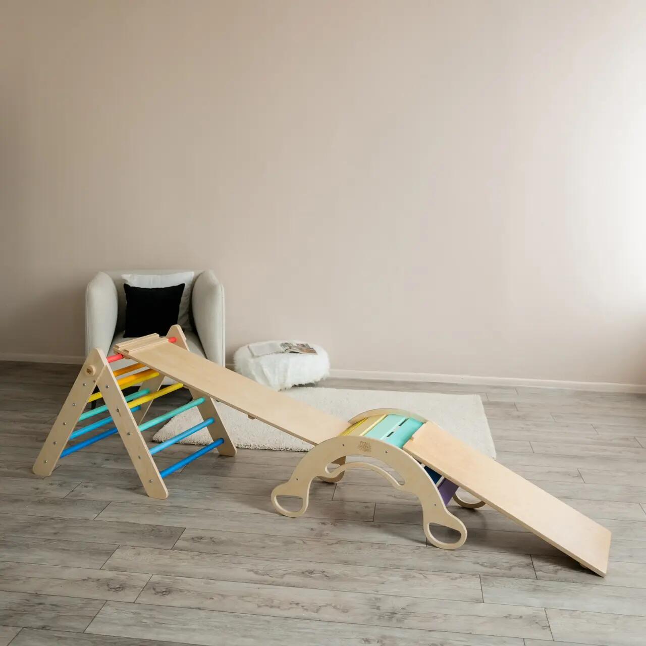 Velký Montessori set 5 v 1: pestrý Pikler i houpačka, 2 desky a polštář 3/8