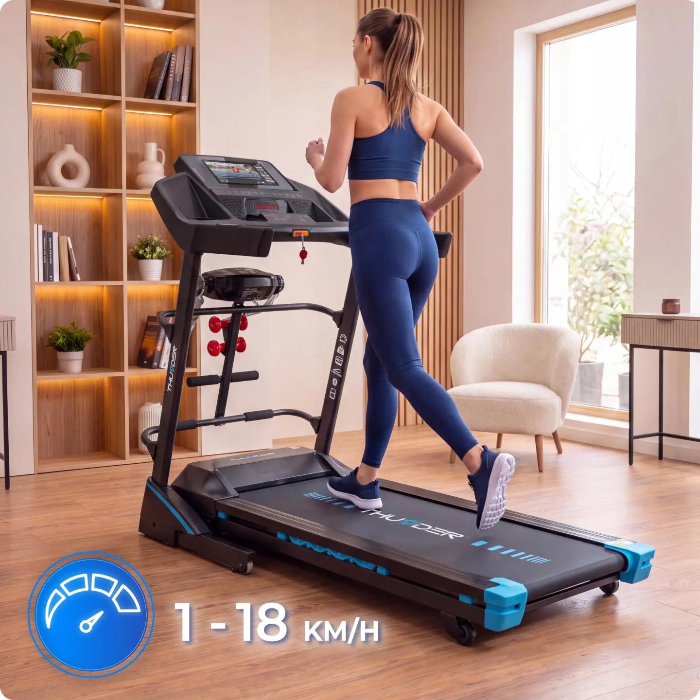 Tapis de course électrique d'intérieur THUNDER 3HP 18 km/h Android TFT Wi-Fi 8/14