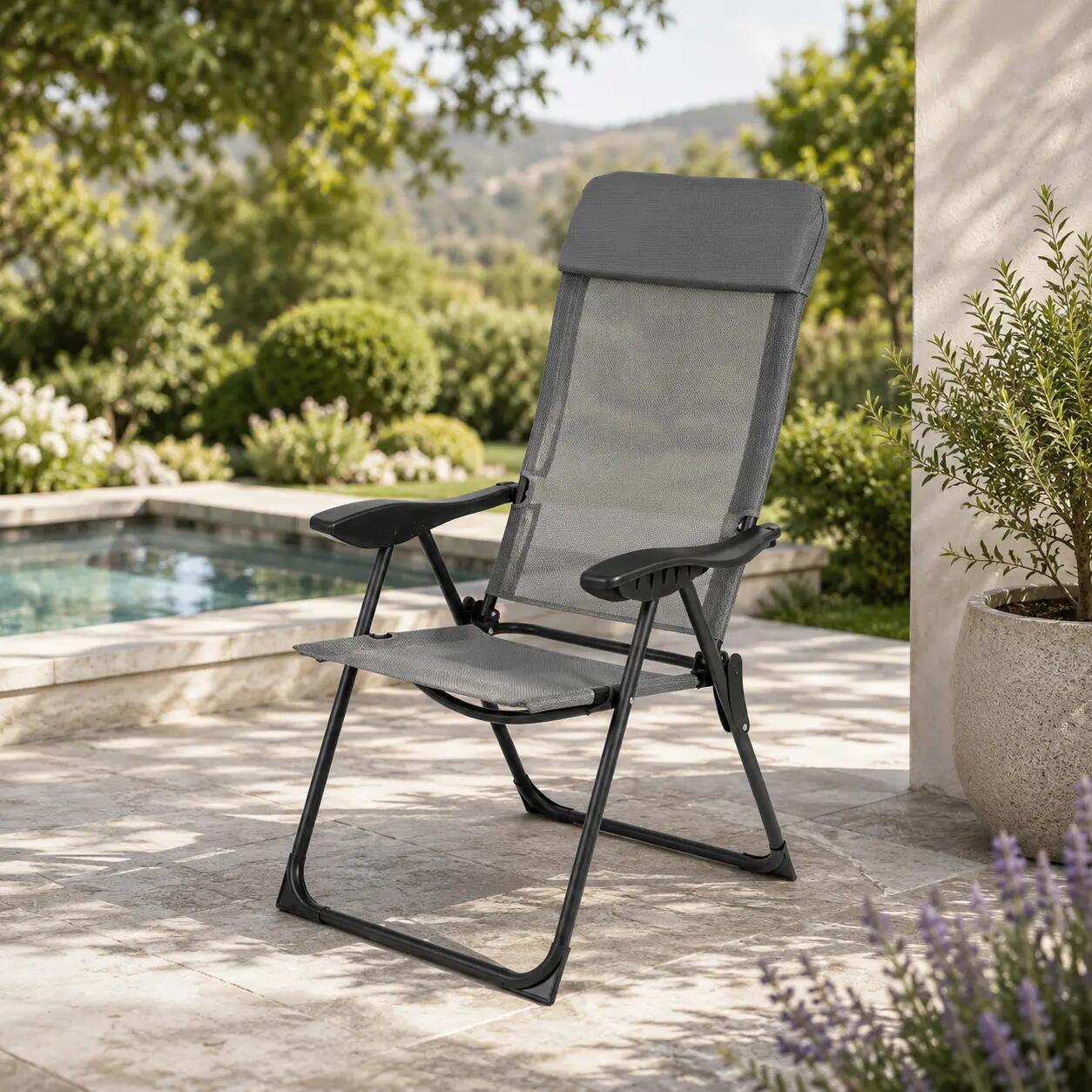 Pack de 2 chaises pliantes inclinables 7 positions dossier haut extérieur 3/7
