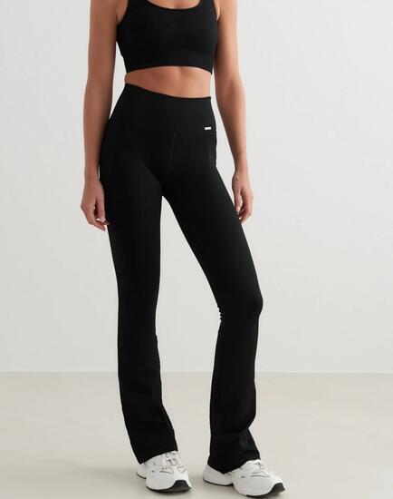Femme Legging Côtelé Sans Coutures Taille Haute Évasé Long Noir