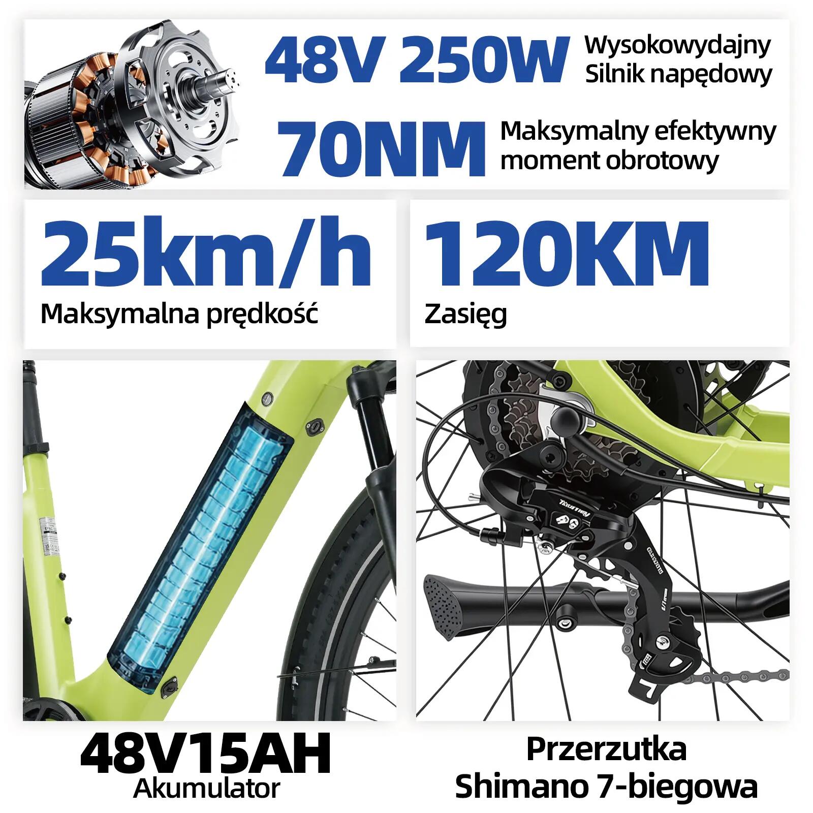 Elektryczny rower dla dorosłych TTGO Z3 48V 15Ah bateria 10/15