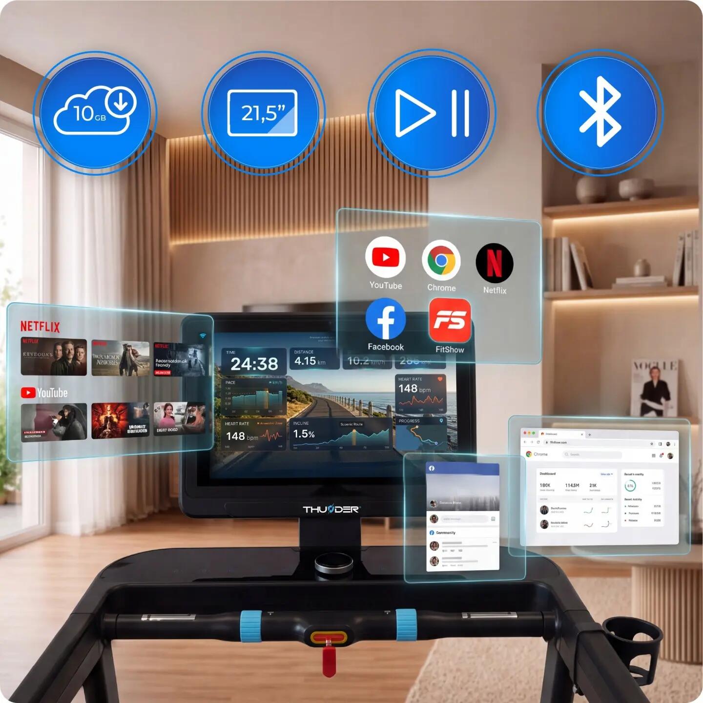Elektrický běžecký pás THUNDER ELION 4HP Android obrazovka TFT 21,5 WiFi 180 kg 2/14