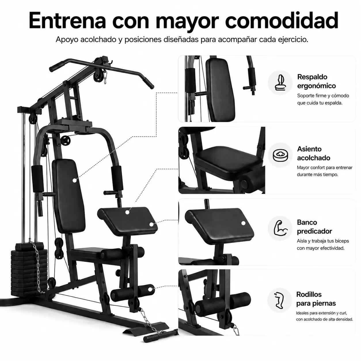 Stazione multifunzione per muscolazione con carrucole e panca ergonomica 6/7