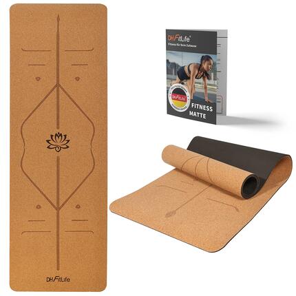 Yogamatte Kork 183 x 61 x 0,6 cm, dicke rutschfeste Yoga-Matte - Kleiner Lotos