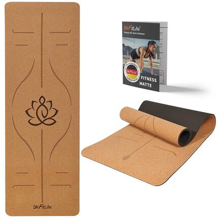 Yogamatte Kork 183 x 61 x 0,6 cm, dicke rutschfeste Yoga-Matte - Kleiner Lotos