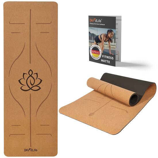 Yogamatte Kork 183 x 61 x 0,6 cm, dicke rutschfeste Yoga-Matte - Kleiner Lotos