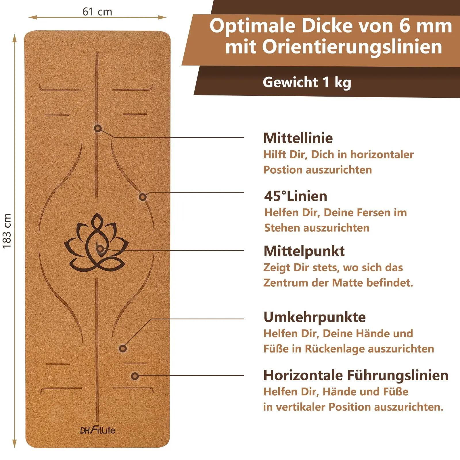 Yogamatte Kork 183 x 61 x 0,6 cm, dicke rutschfeste Yoga-Matte - Großer Lotos 6/6