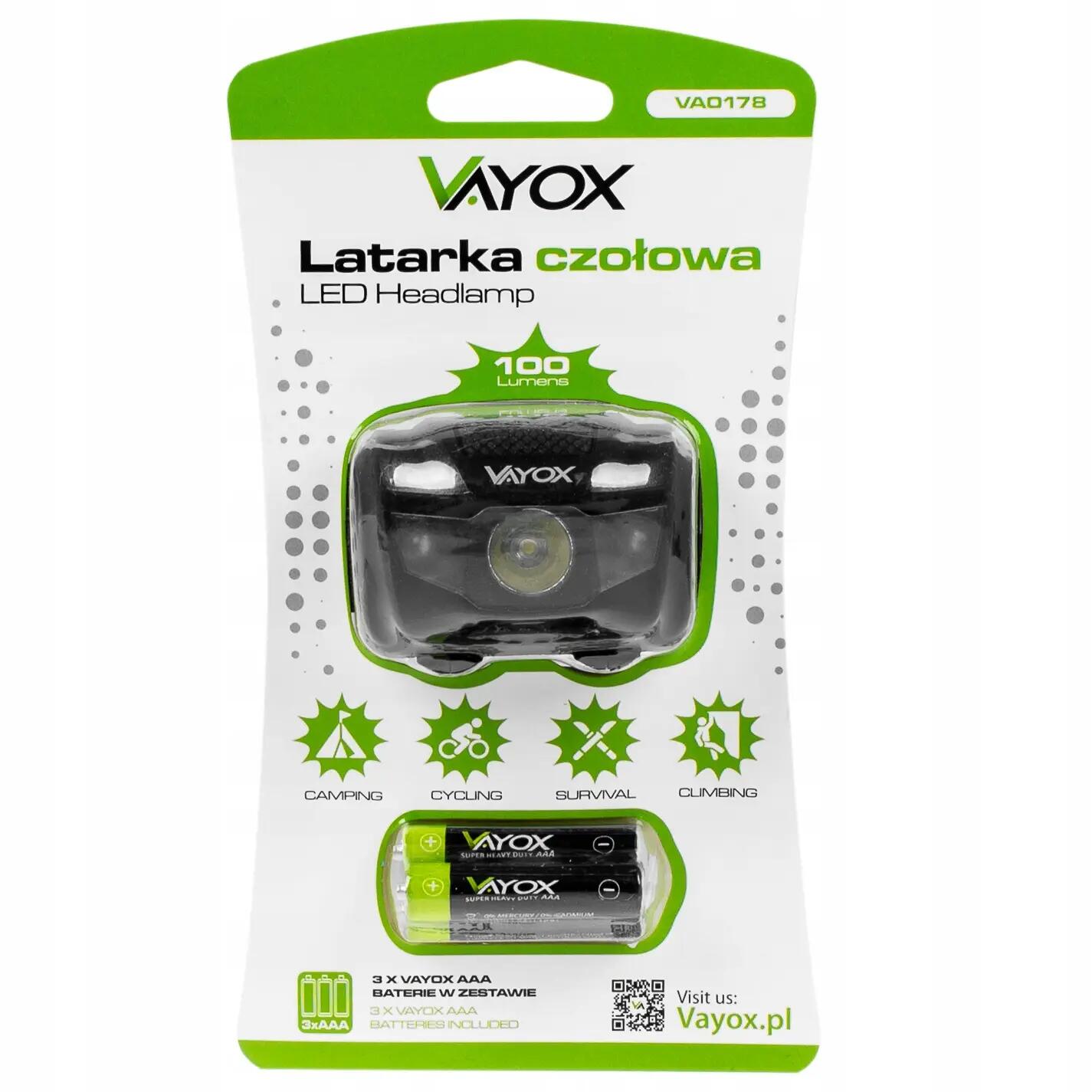 Latarka czołowa Vayox VA0178, 100lm, bateryjna 15/15
