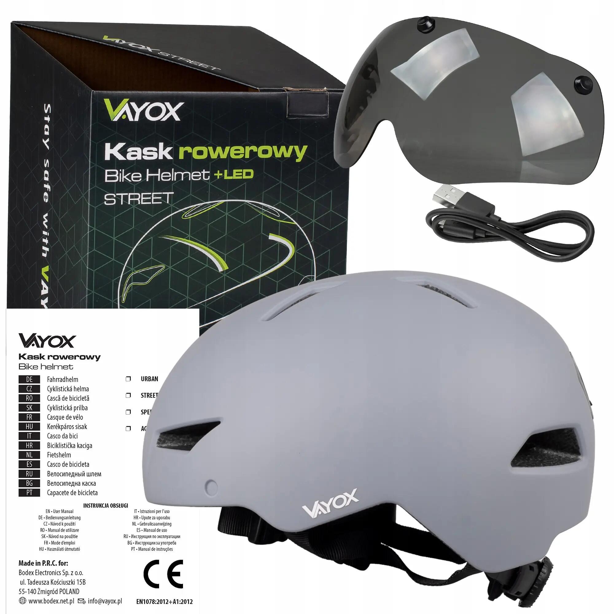 Vayox Street VA0423 helm voor fiets skeelers met vizier en LED-lampje 55-58cm 15/16