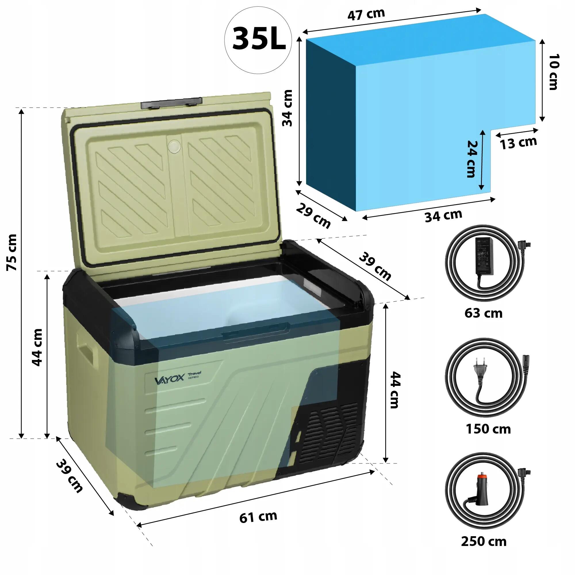 Kompressor-Kühltruhe Vayox VA-T37 12/24/230V mit Akku 35L 14/16