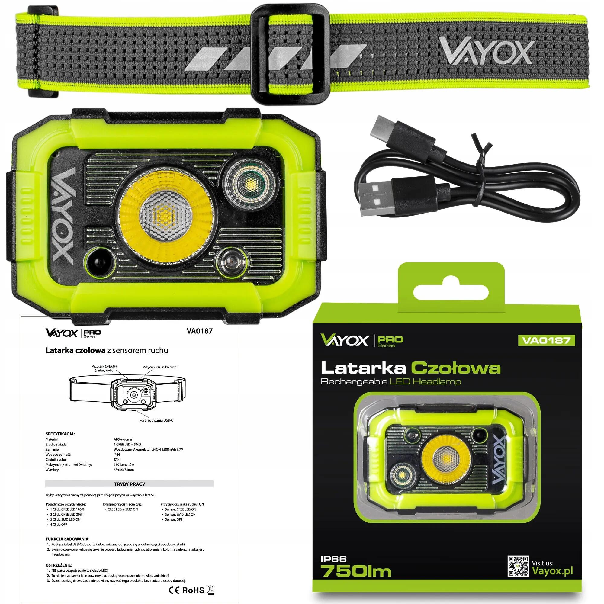 Latarka czołowa Vayox VA0187, 750lm, akumulatorowa, USB-C, odporna 15/17