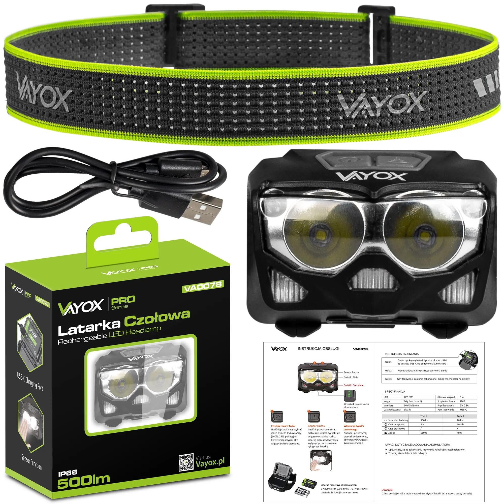 Vayox VA0078 hoofdlamp, 500lm, oplaadbaar, met hybride voeding 15/16