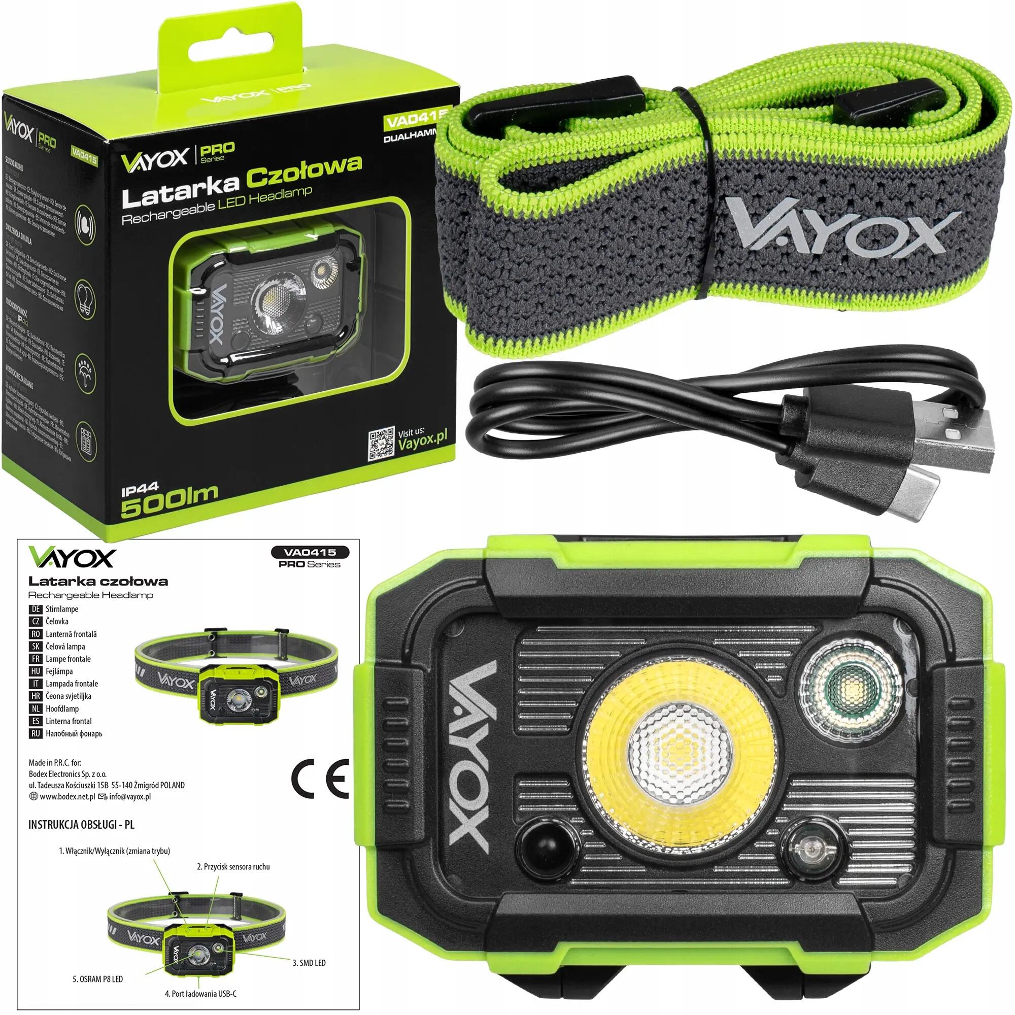 Latarka czołowa Vayox VA0415, 500lm, akumulatorowa, USB-C, odporna 15/16