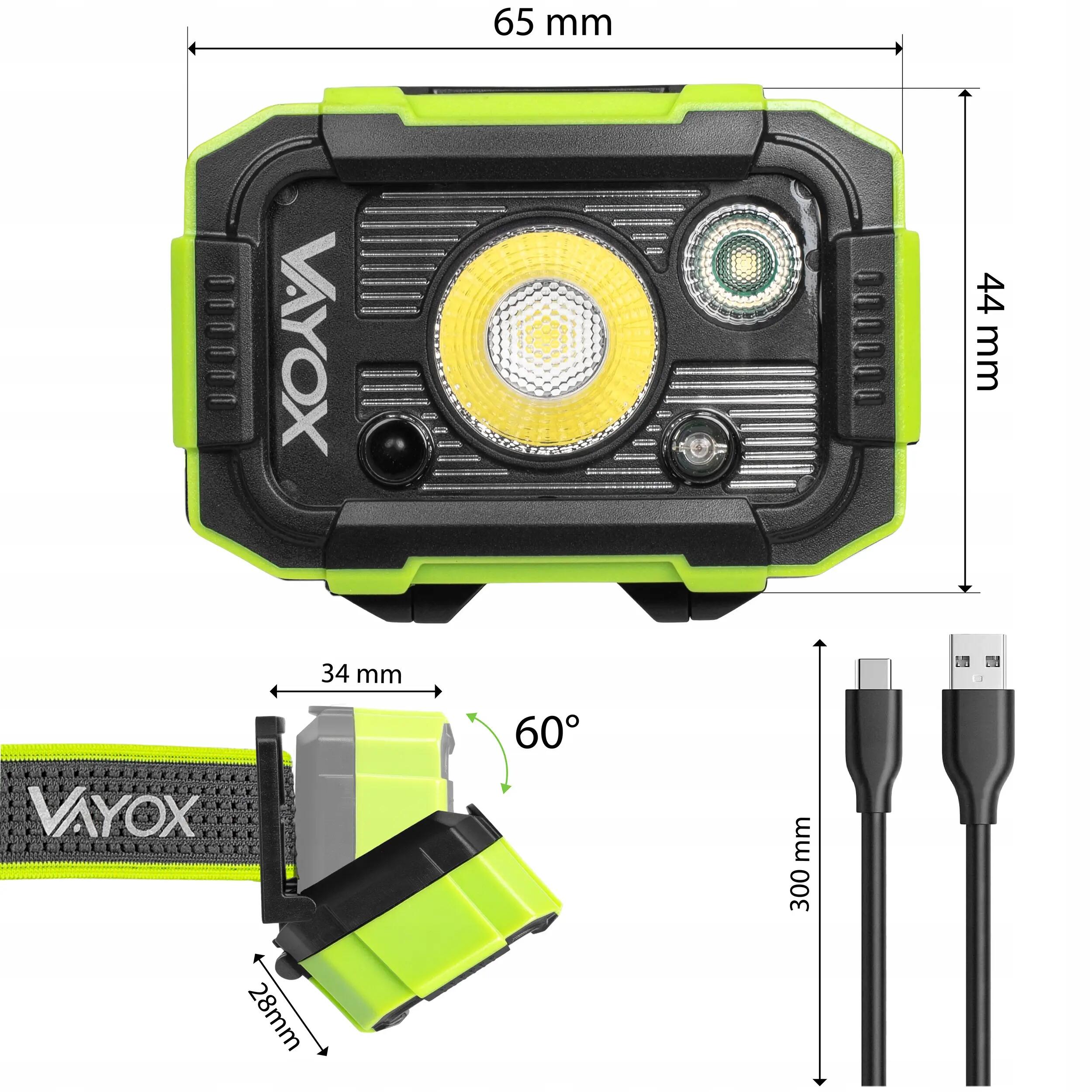 Latarka czołowa Vayox VA0415, 500lm, akumulatorowa, USB-C, odporna 14/16