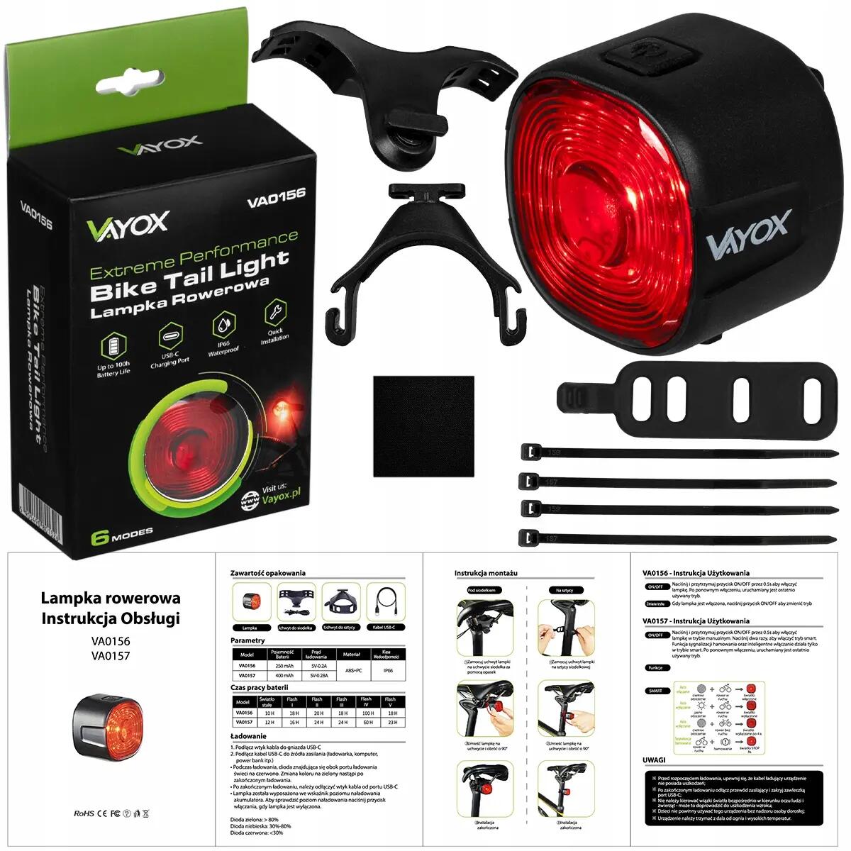 Lámpara de bicicleta trasera Vayox VA0156, 100lm, luz roja, IPX6, USB-C 15/15