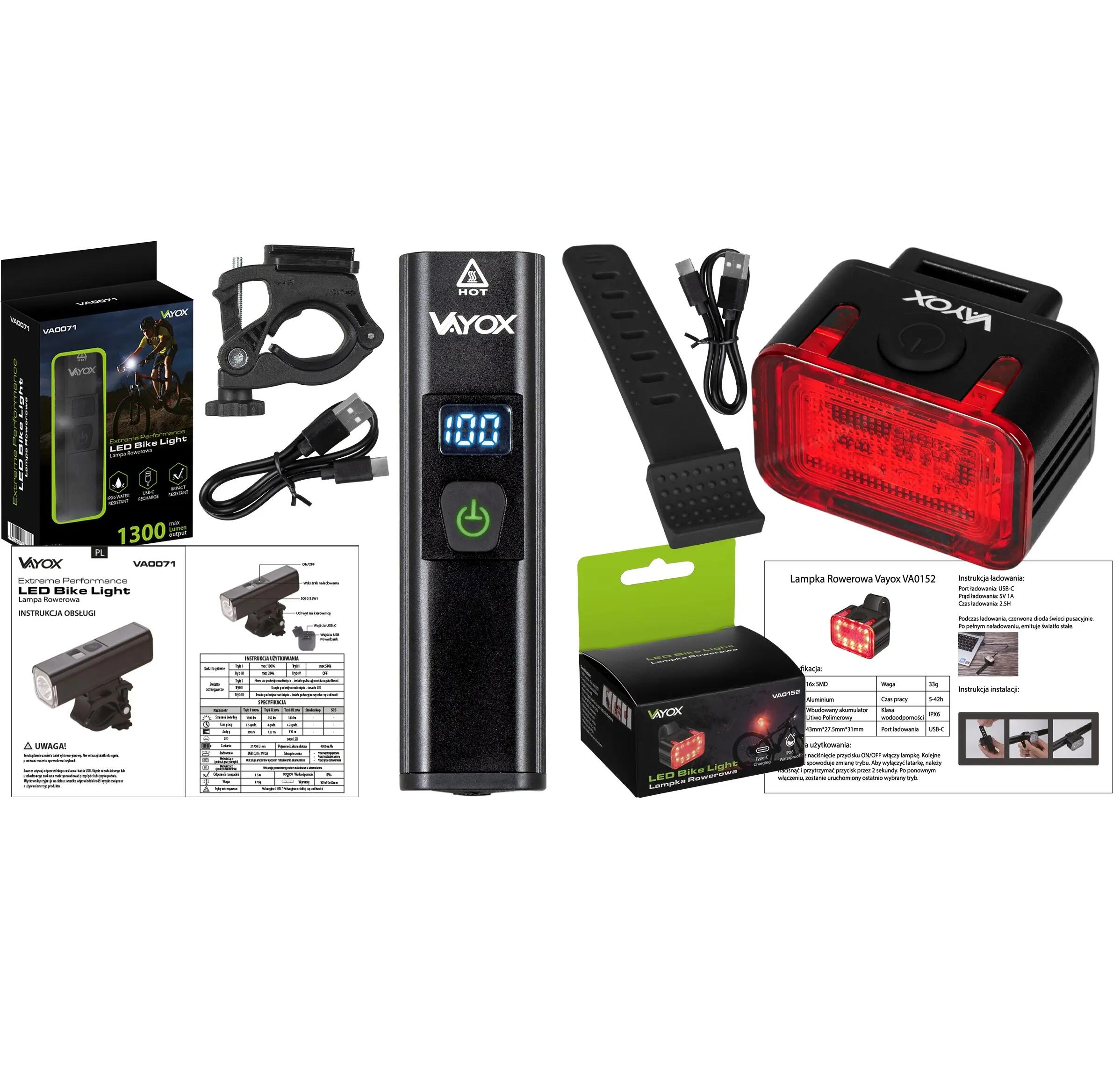 Set fietslampen VAYOX VA0071 + VA0152 voor en achter USB-C 13/14