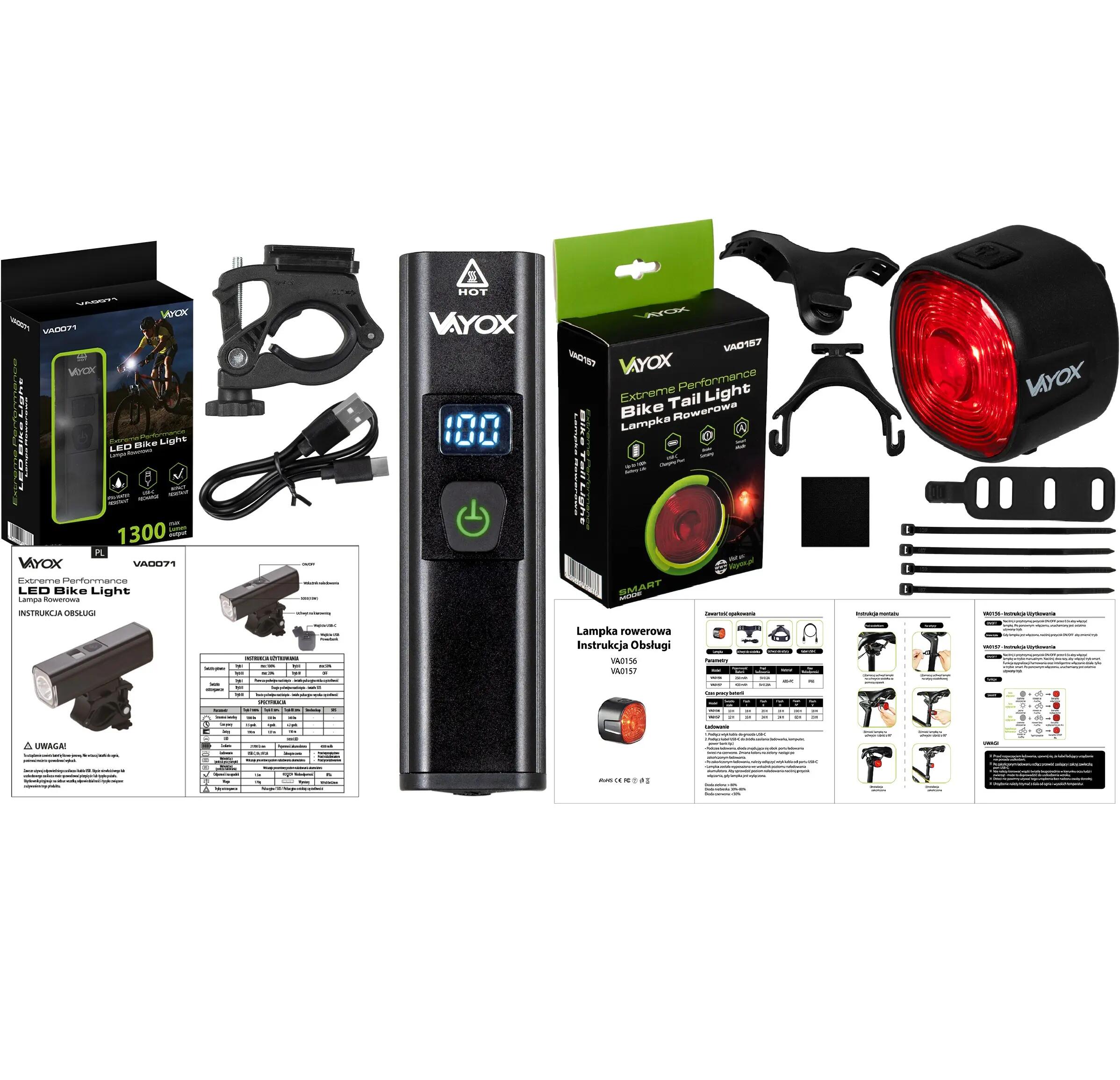 Jeu de feux de vélo VAYOX VA0071 + VA0156 avant et arrière USB-C 14/15