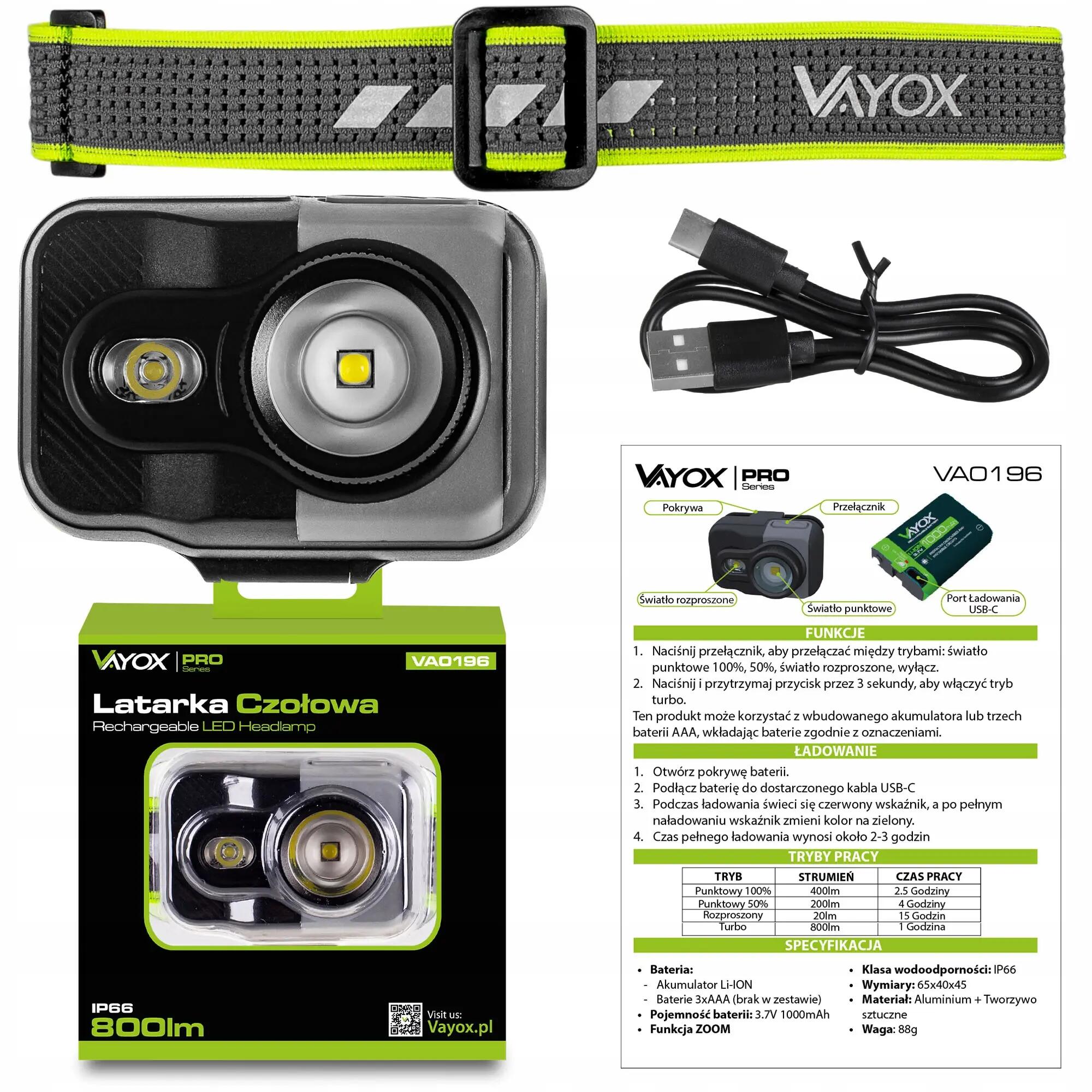 Torcia frontale Vayox VA0196, 800lm, ZOOM, ricaricabile con alimentazione ibrida 13/14
