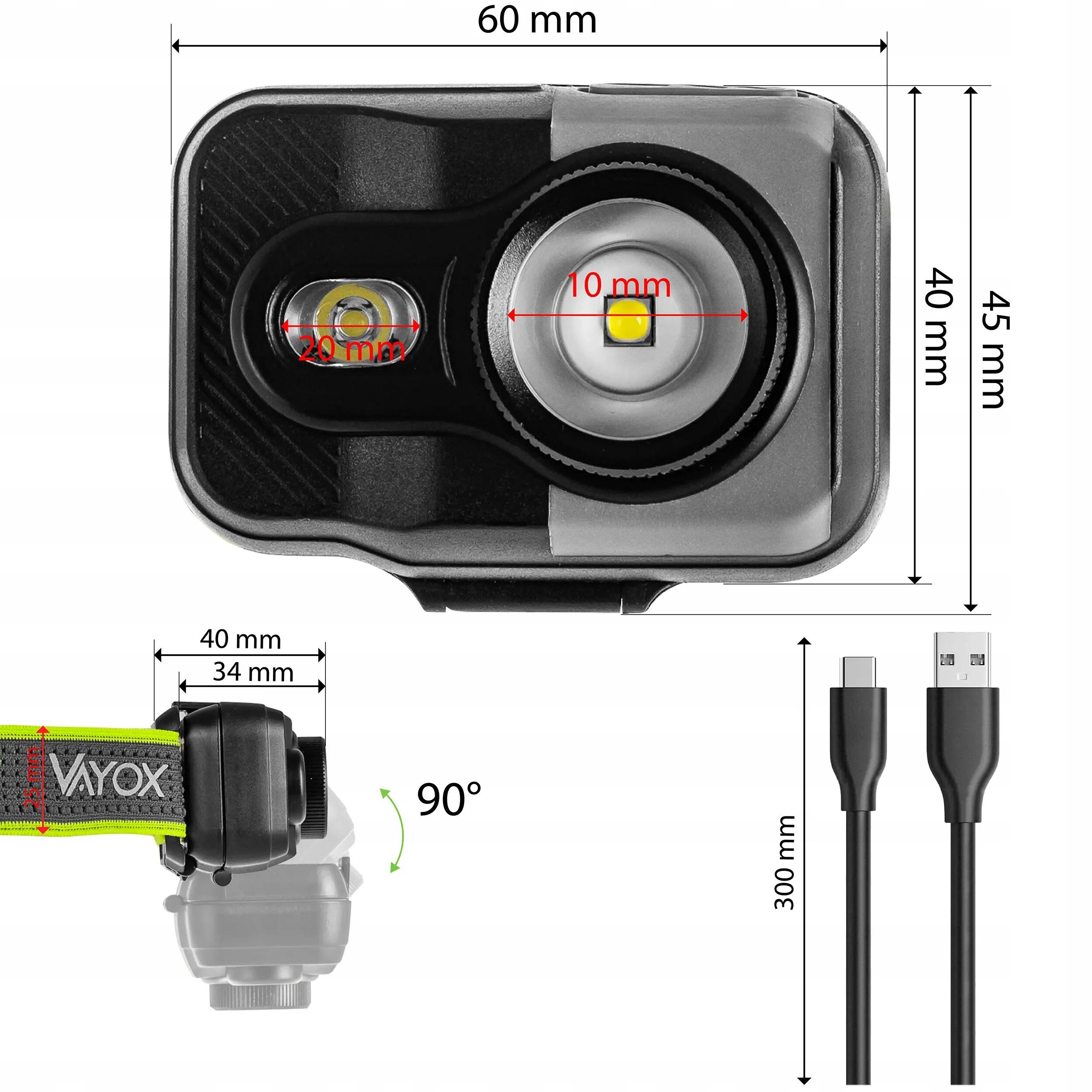 Torcia frontale Vayox VA0196, 800lm, ZOOM, ricaricabile con alimentazione ibrida 12/14