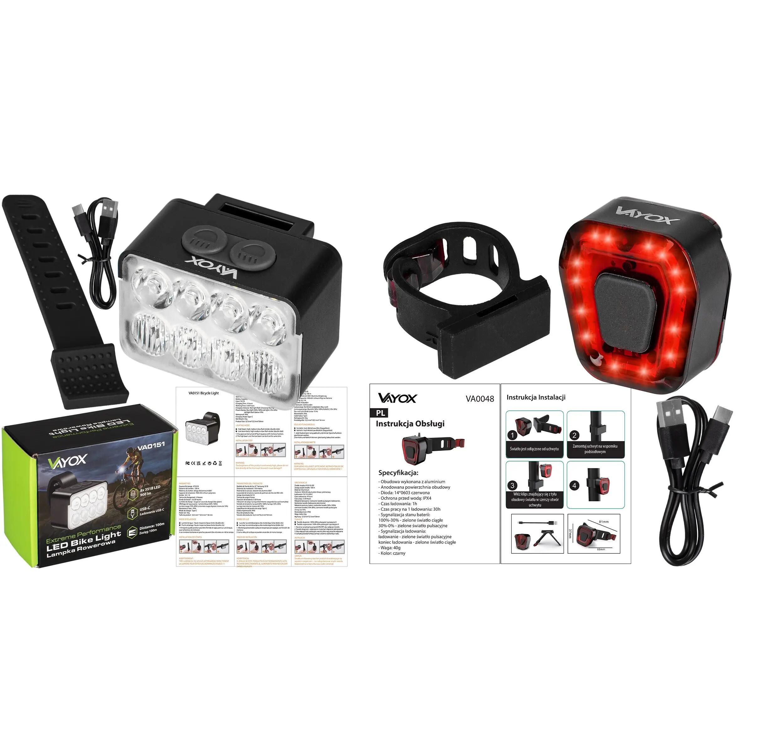 Zestaw lampek rowerowych VAYOX VA0151 + VA0048 przednia i tylna LED 12/12