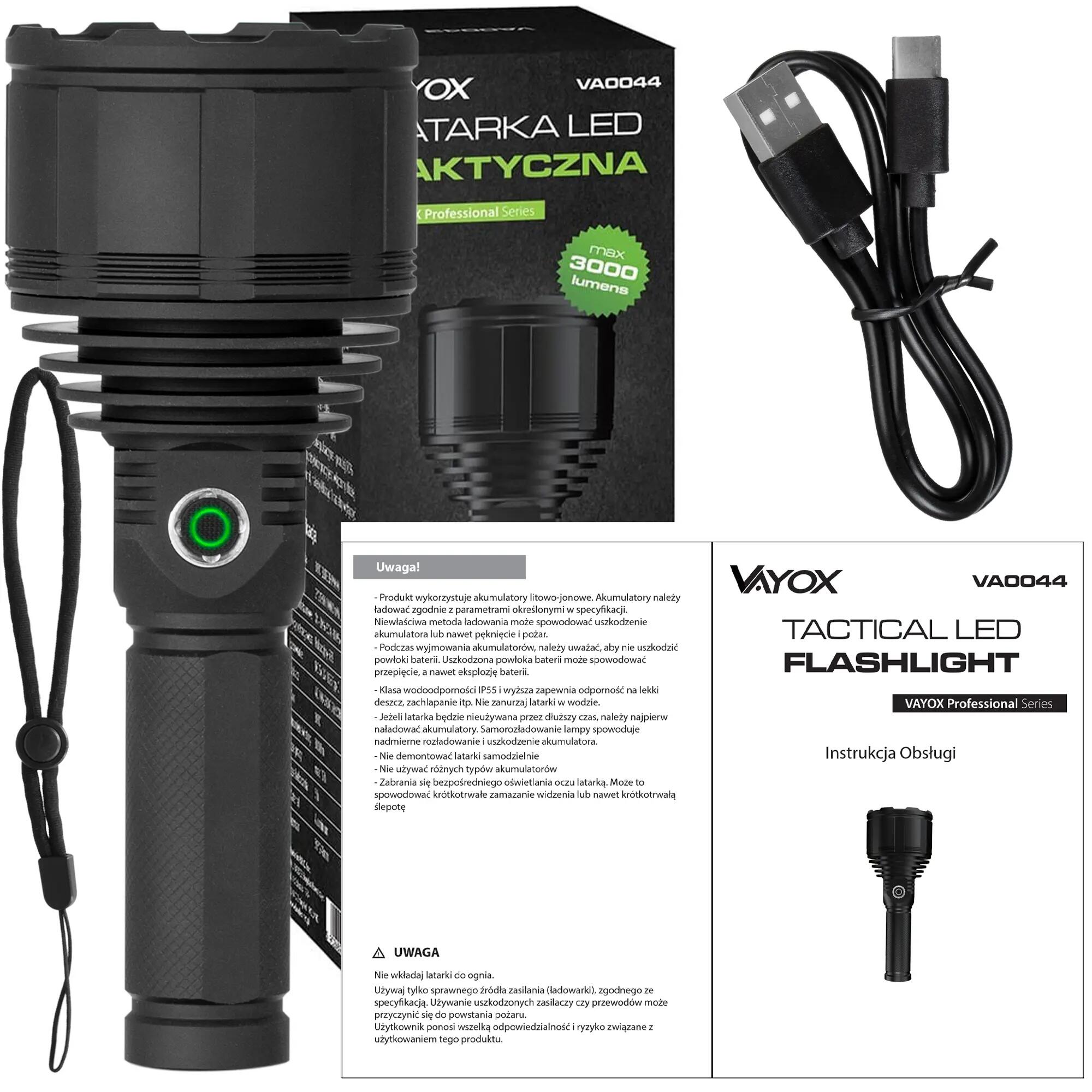 Vayox VA0044 handmatige zaklamp, XHP9090 diode, 3000lm 15/15