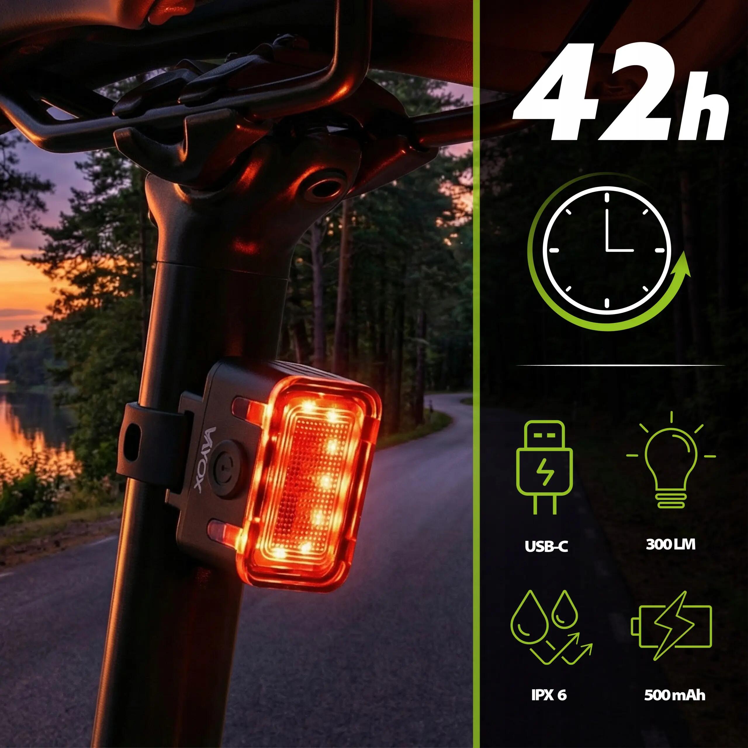 Luce posteriore per bici Vayox VA0152 300 lm, luce rossa, USB-C 7/15