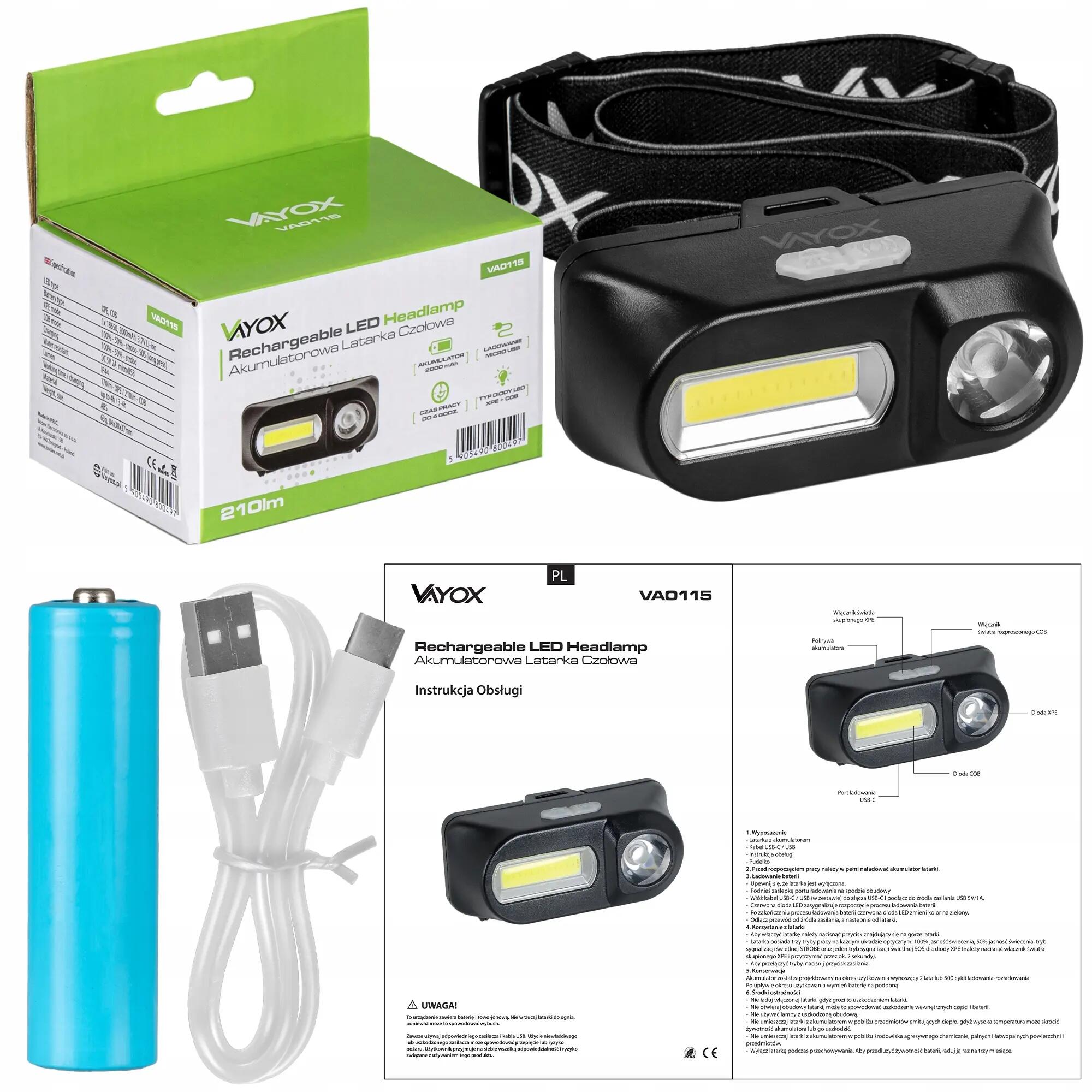 Latarka czołowa Vayox VA0175, 380lm, akumulatorowa, USB-C 13/13
