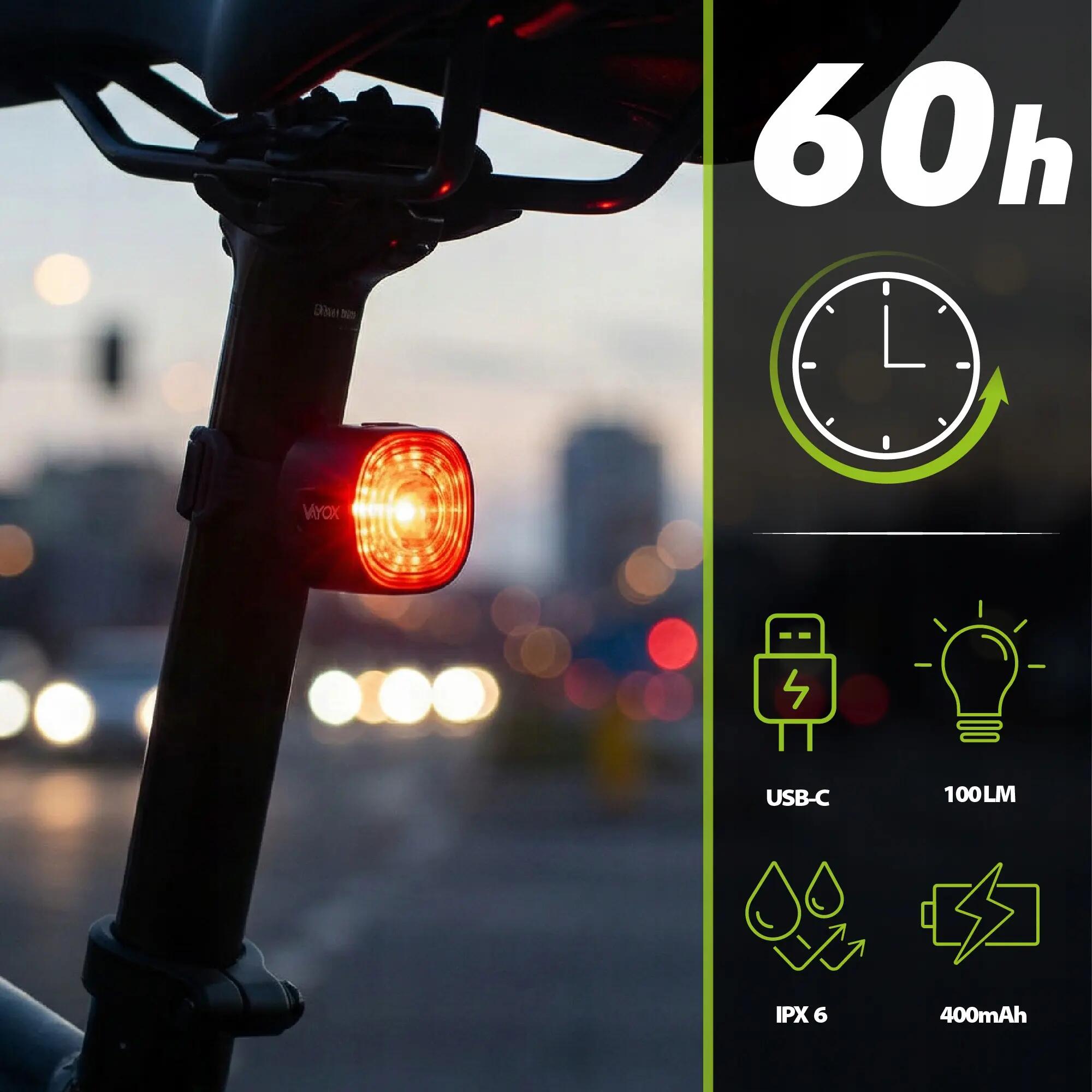 Cyklistické zadní světlo VA0157 SMART 100lm červené světlo senzor STOP 7/15