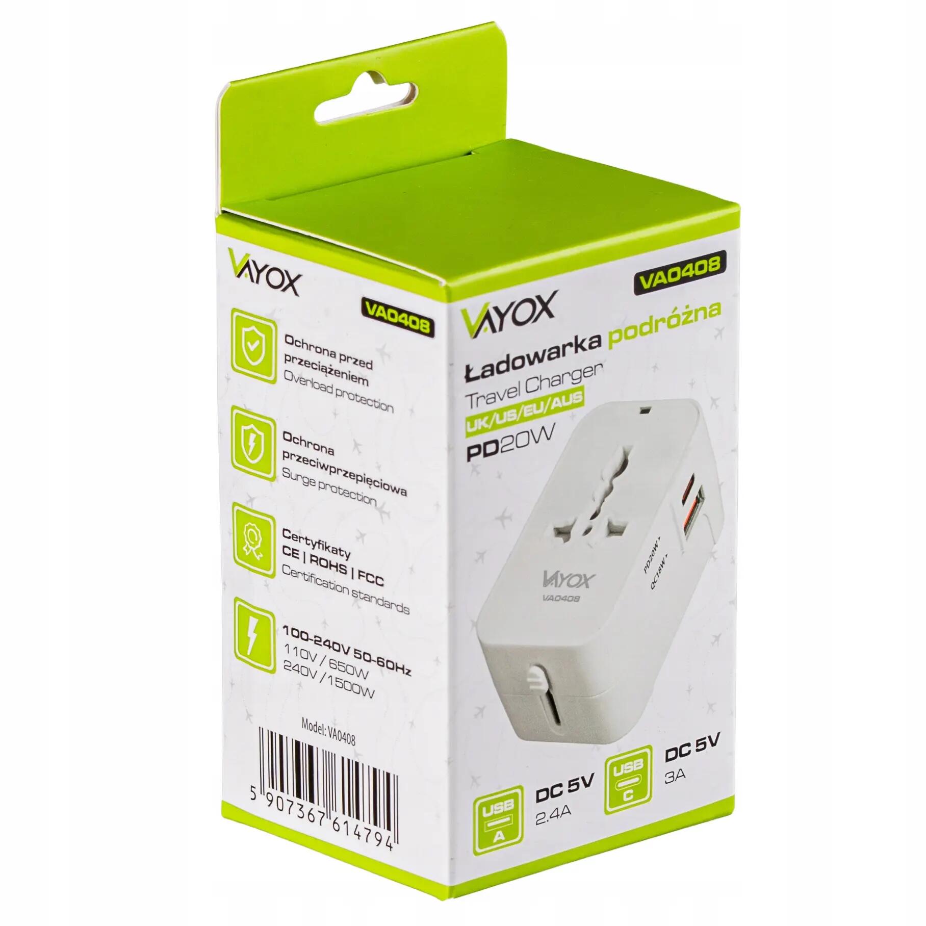 Reiseadapter Vayox VA0408 UK/US/EU/AU 20W USB-C 15/15