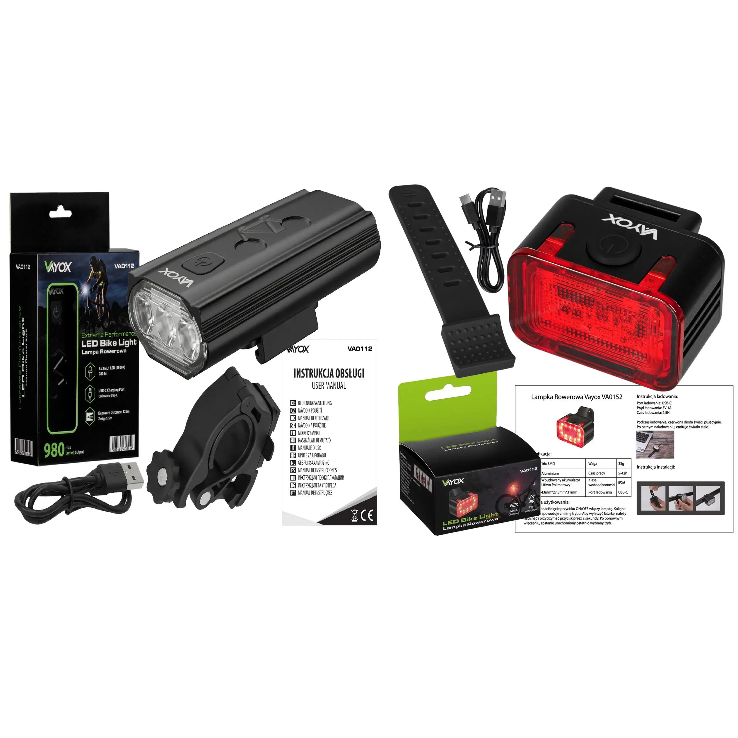 Set di luci per bici VAYOX VA0111 + VA0152 anteriore e posteriore USB-C 15/15
