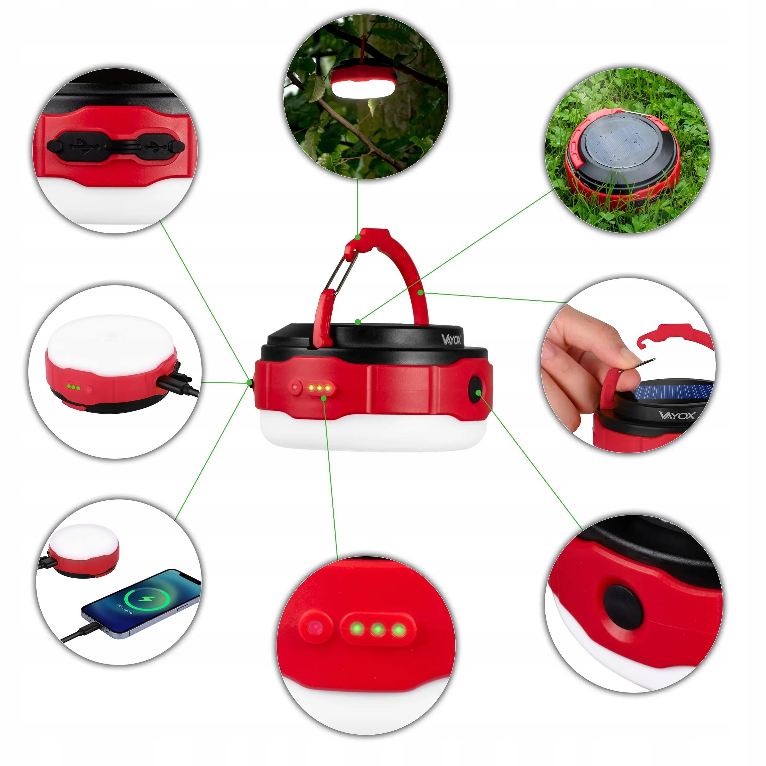 Vayox VA0100 campingzaklamp 500lm, oplaadbaar, powerbank, zonnepaneel 6/15