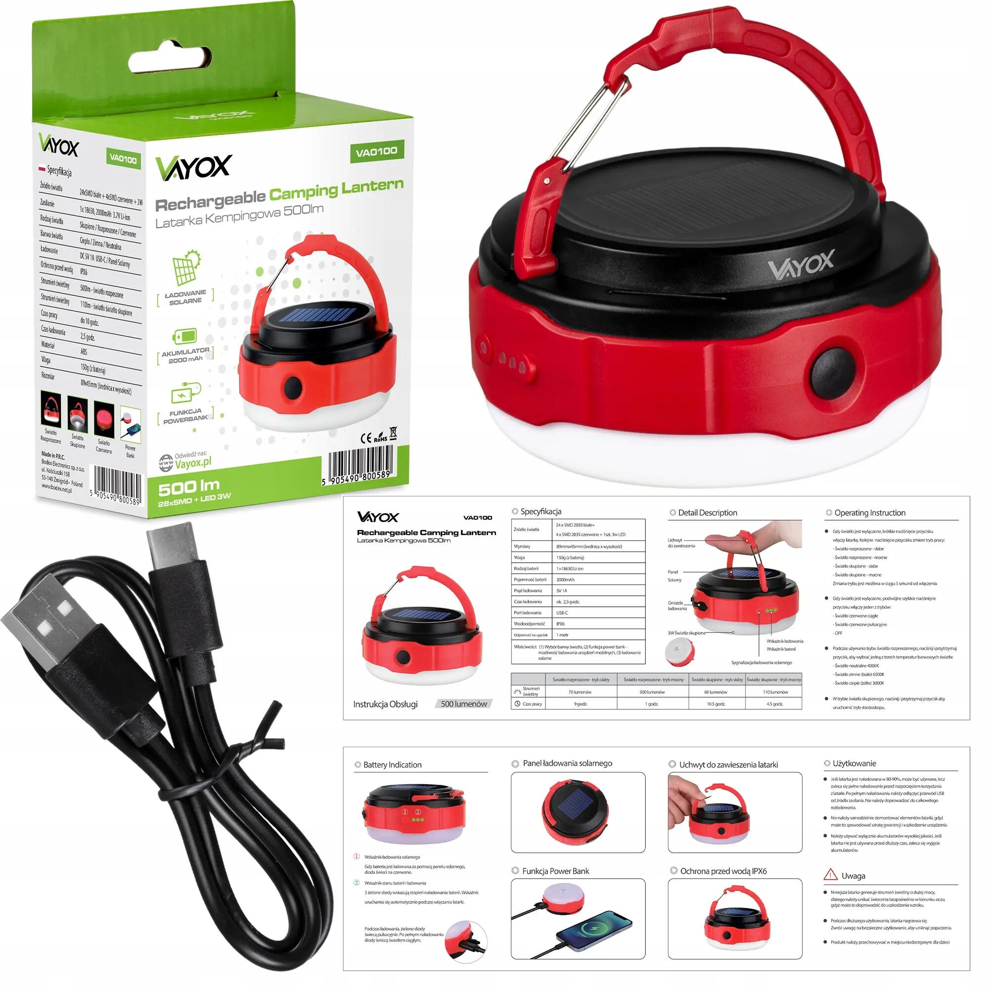 Vayox VA0100 campingzaklamp 500lm, oplaadbaar, powerbank, zonnepaneel 15/15