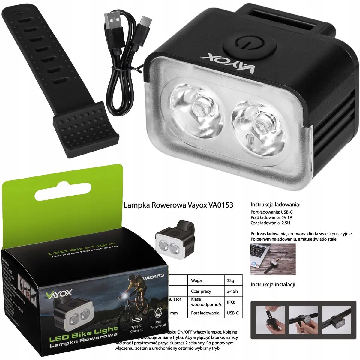 Luce anteriore per bici Vayox VA0153 300 lm, 2xLED, ricaricabile USB-C 15/15