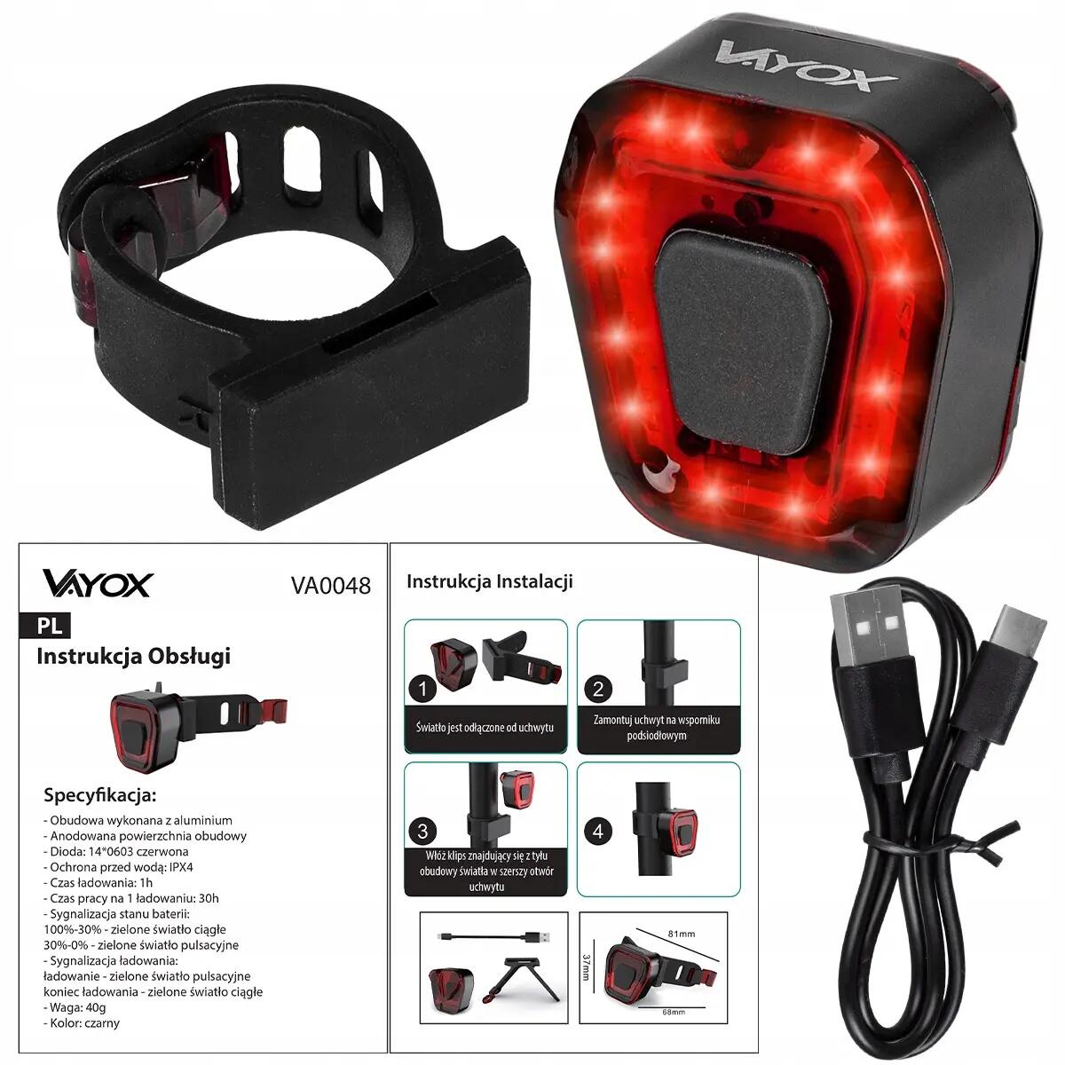 Vayox VA0048 fietsachterlicht 100lm rood oplaadbaar 15/15