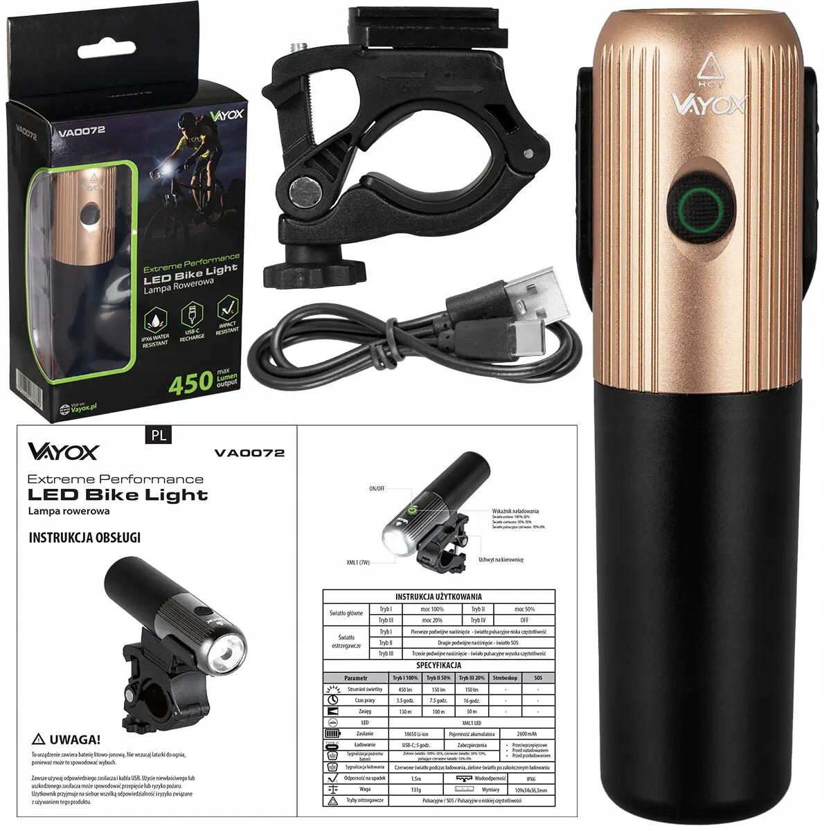 VAYOX VA0072 + VA0048 ensemble d'éclairage de vélo USB avant et arrière 14/15