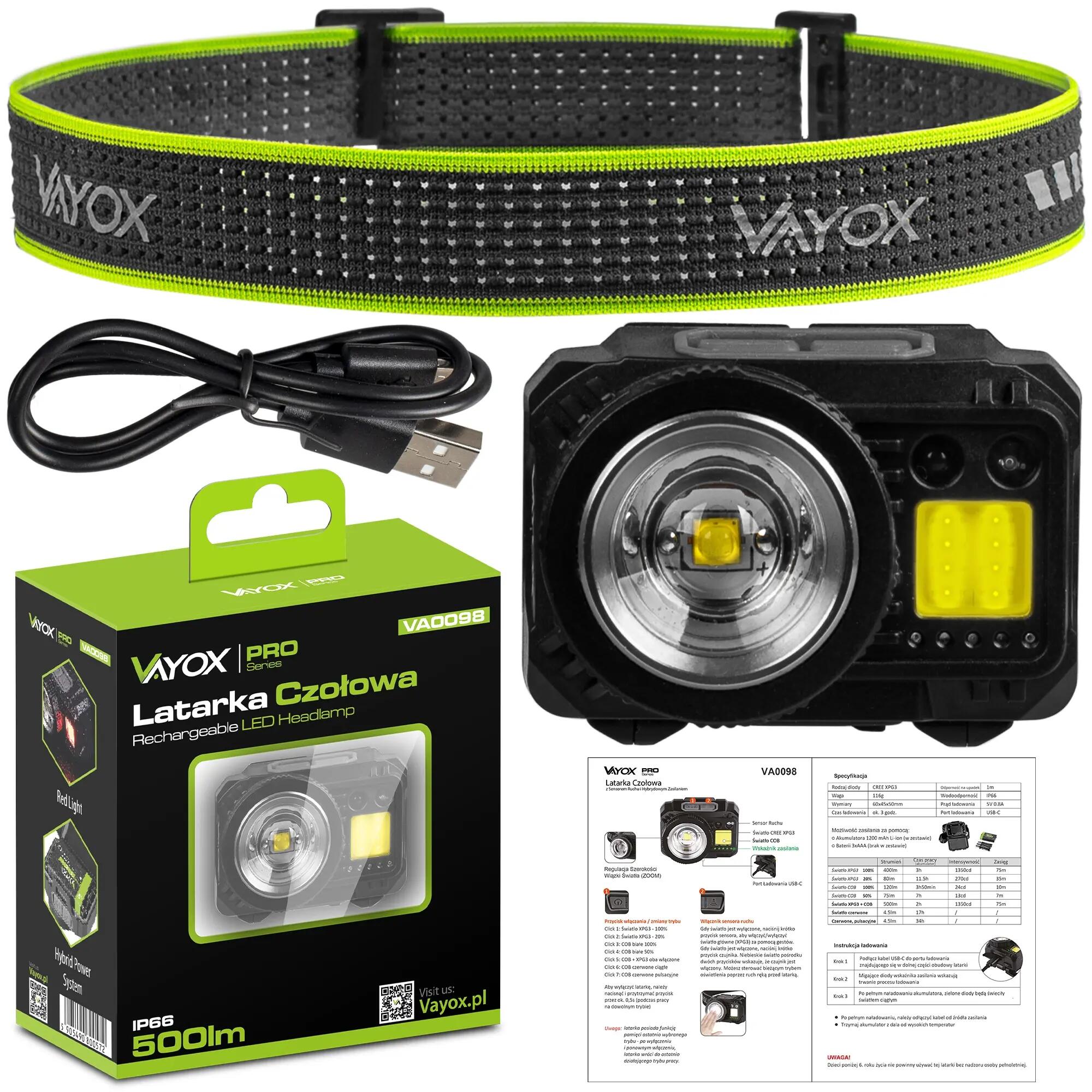 Stirnlampe Vayox VA0098, 500lm, ZOOM, Akku mit Hybridantrieb 15/16