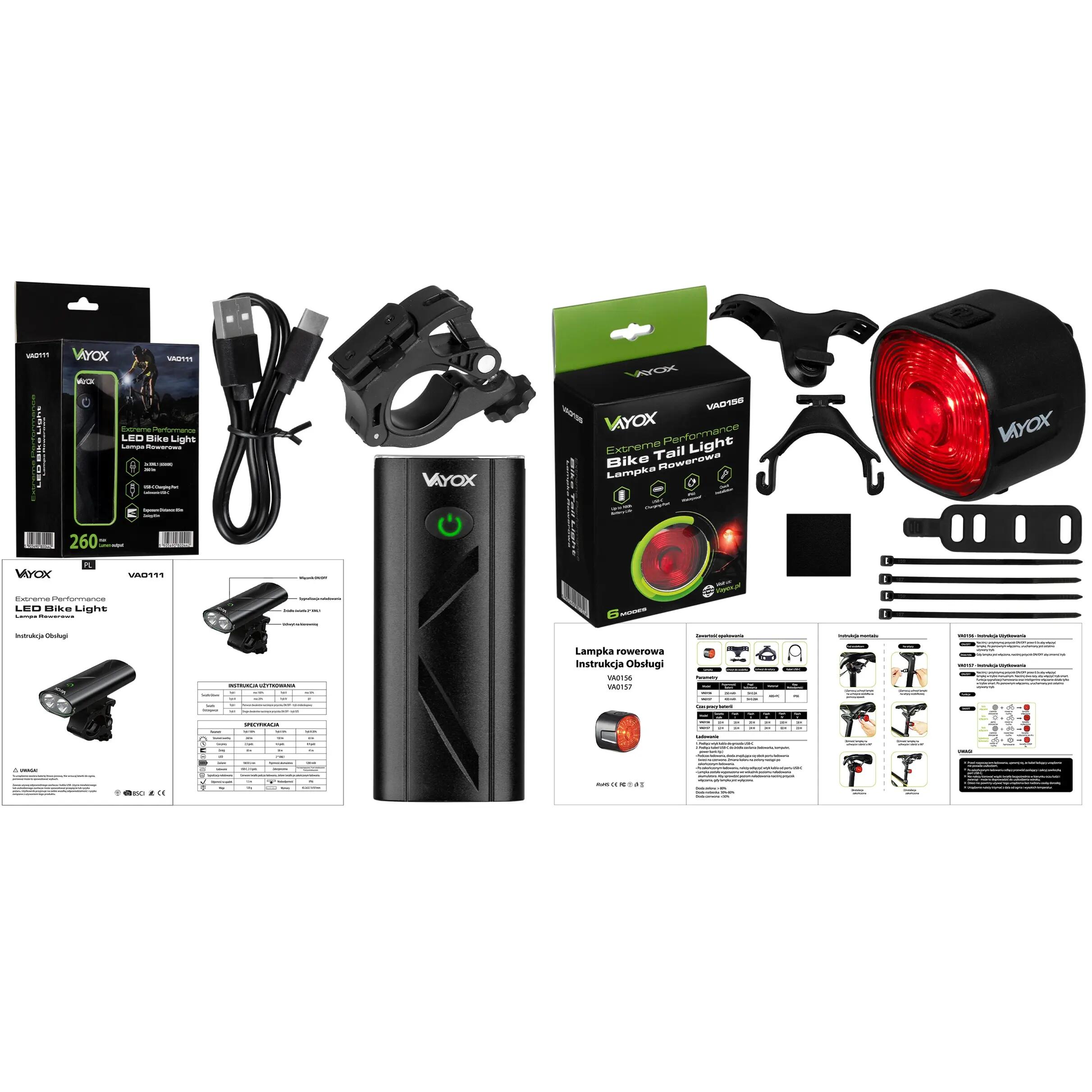Jeu de feux de vélo VAYOX VA0111 + VA0156 avant et arrière USB-C 15/15