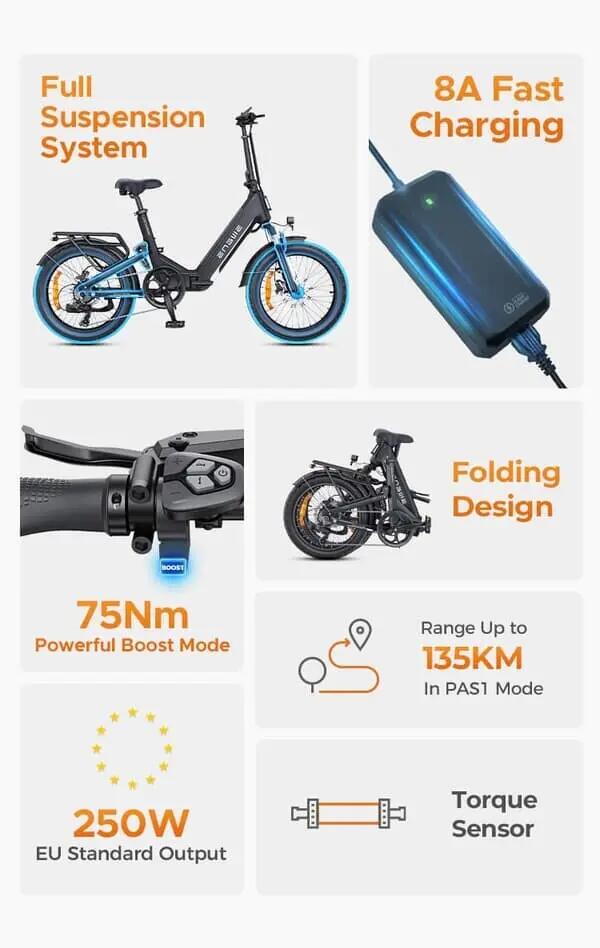 ENGWE L20 3.0 BOOST 250W 135km Bicicleta urbana elétrica dobrável 4/9