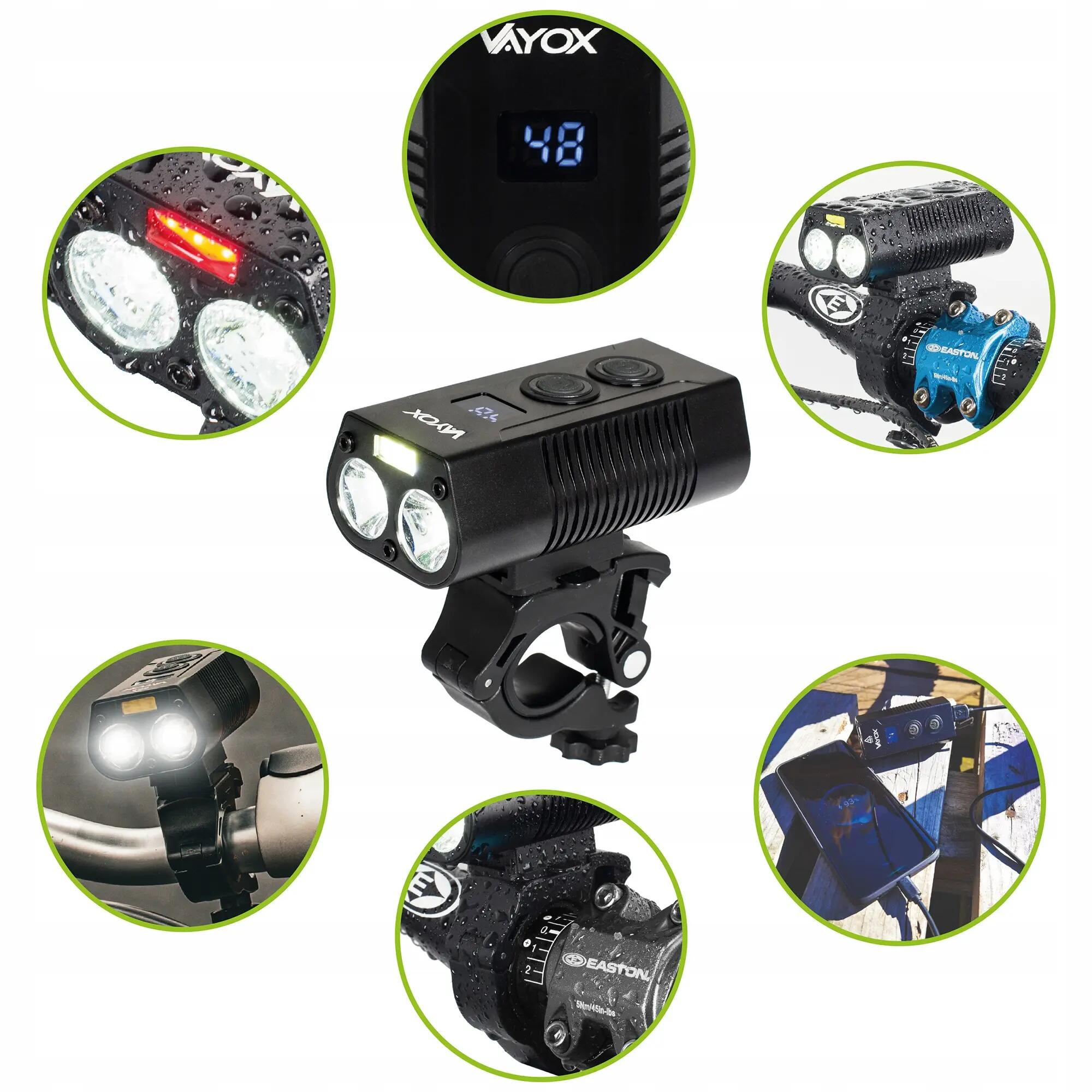 Vayox VA0045 éclairage avant de vélo 750lm batterie externe rechargeable 7/15