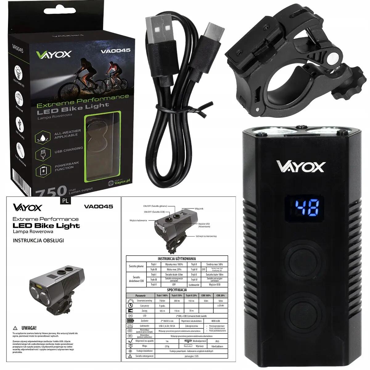 Vayox VA0045 éclairage avant de vélo 750lm batterie externe rechargeable 15/15