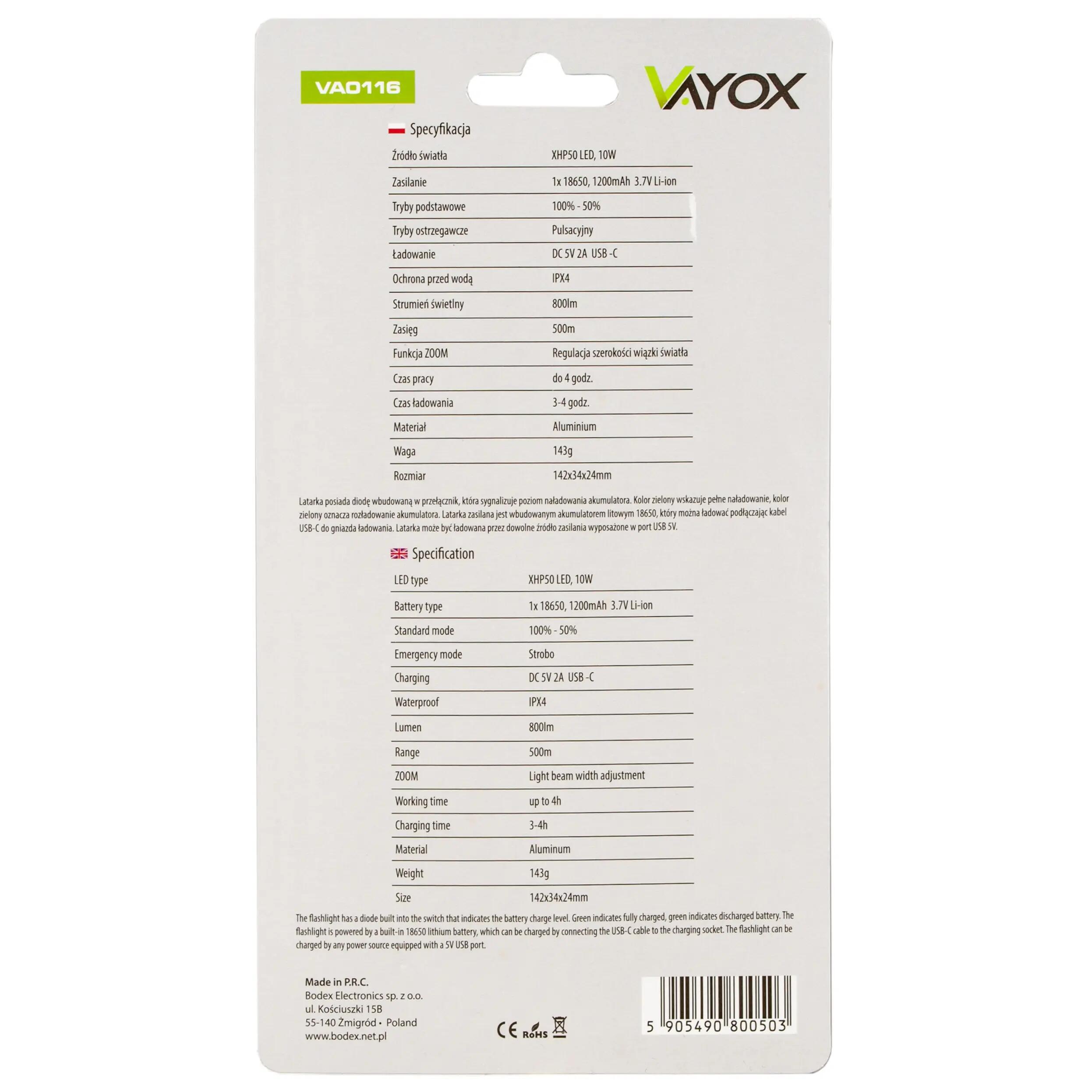 Latarka ręczna Vayox VA0116 akumulatorowa 800lm USB-C 11/13