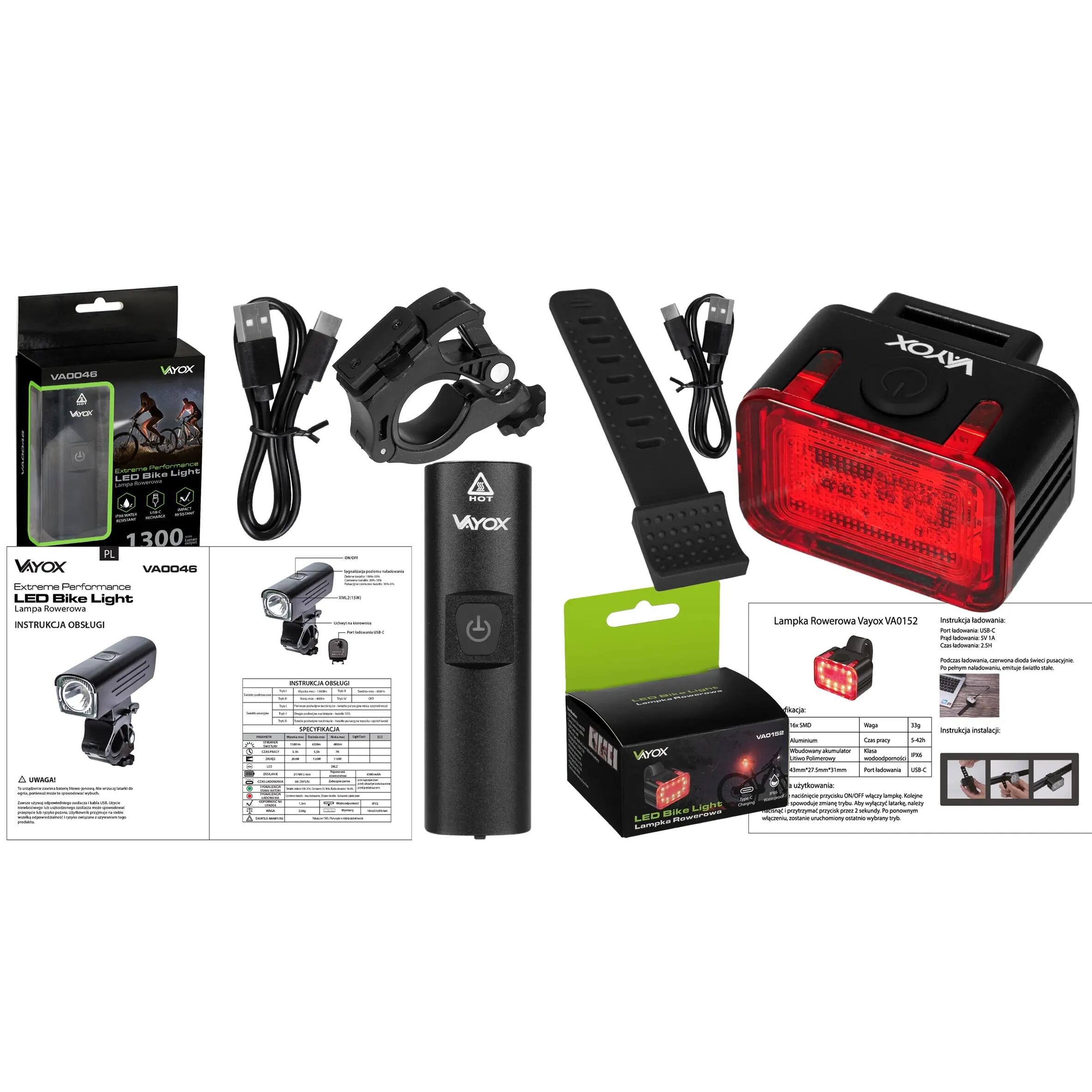 Set fietsverlichting VAYOX VA0046 + VA0152 LED-lampen voor en achter 15/15