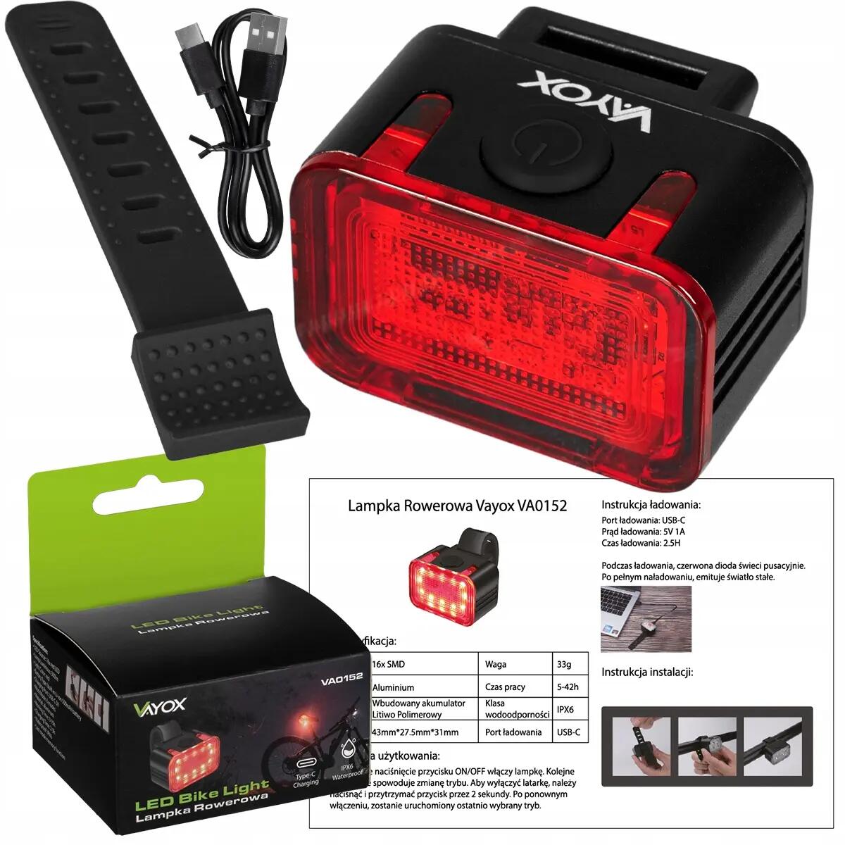 Luce posteriore per bici Vayox VA0152 300 lm, luce rossa, USB-C 15/15