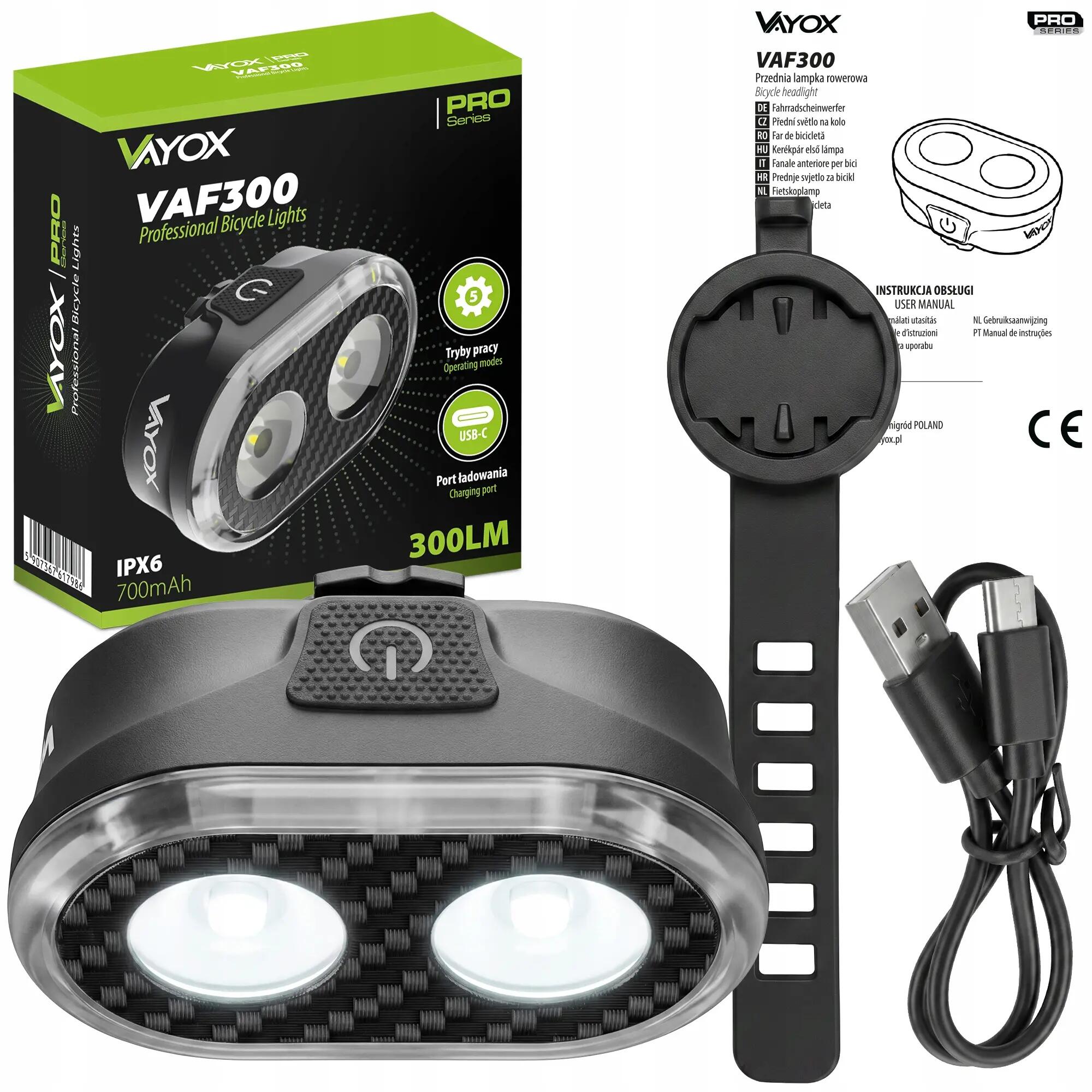 Set di luci per bicicletta anteriore e posteriore Vayox VAF300 + VAR60 USB-C 14/16